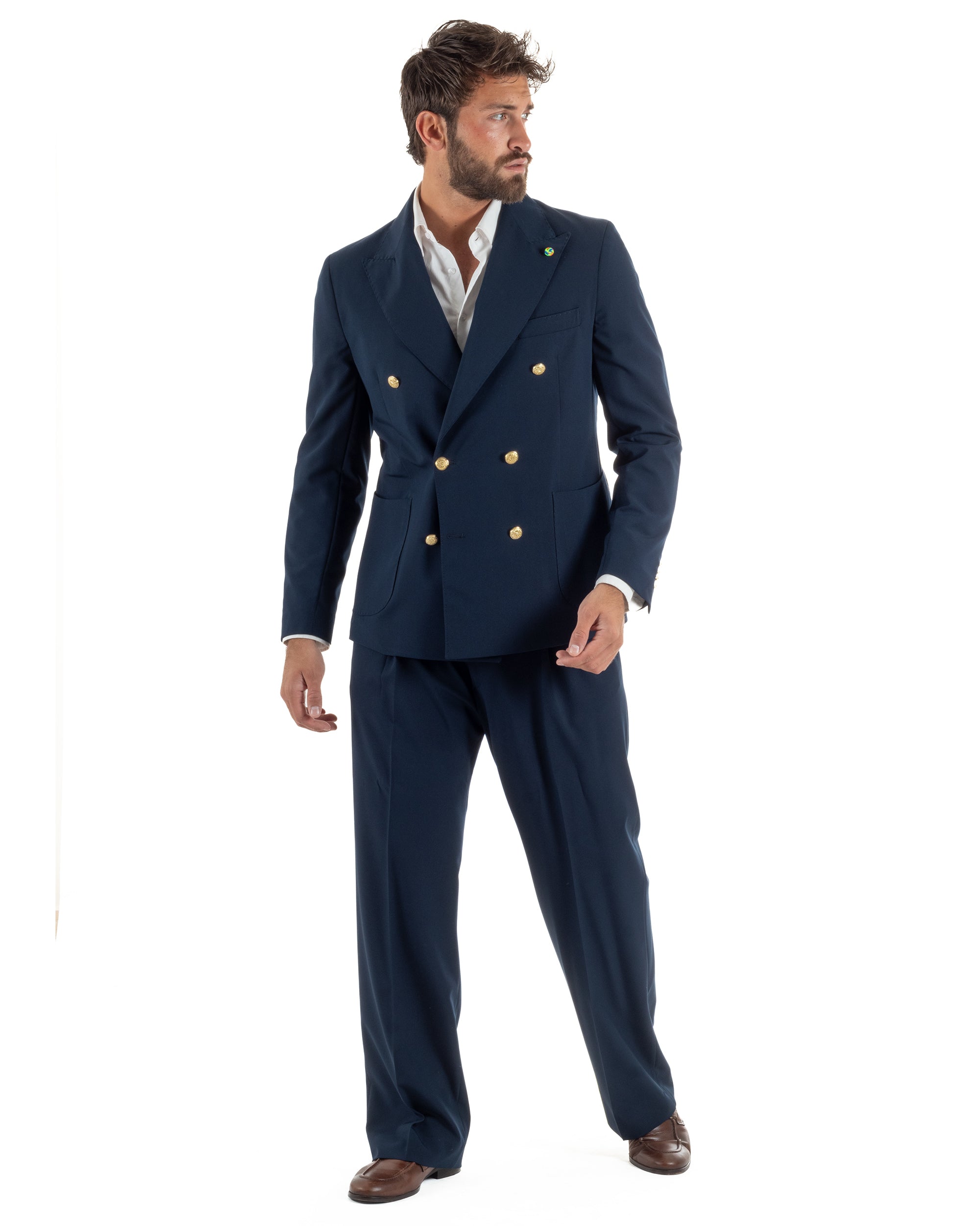 Abito uomo doppiopetto completo oversize giacca bottoni oro pantaloni baggy blu BlackSunday AE1262A