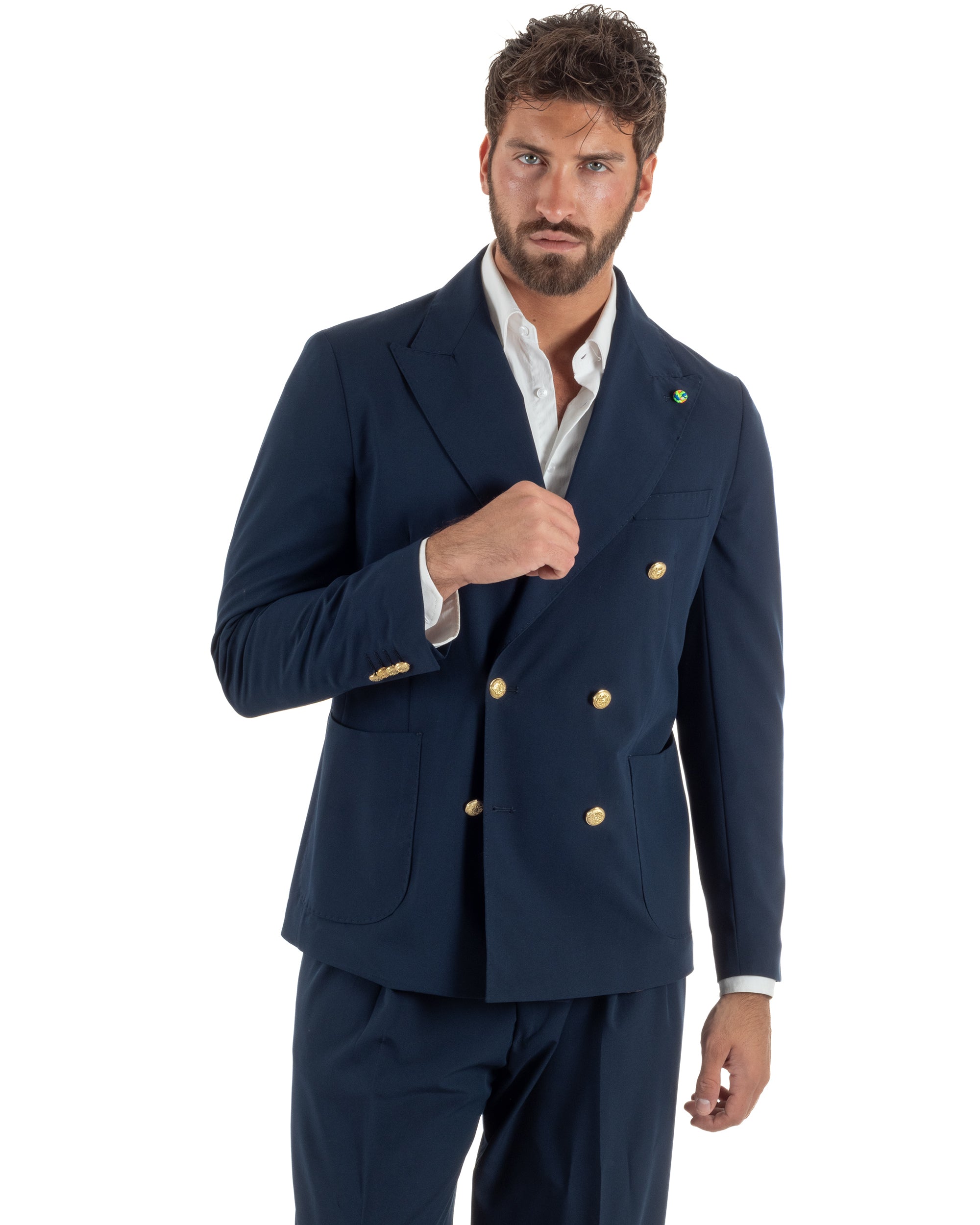 Abito uomo doppiopetto completo oversize giacca bottoni oro pantaloni baggy blu BlackSunday AE1262A