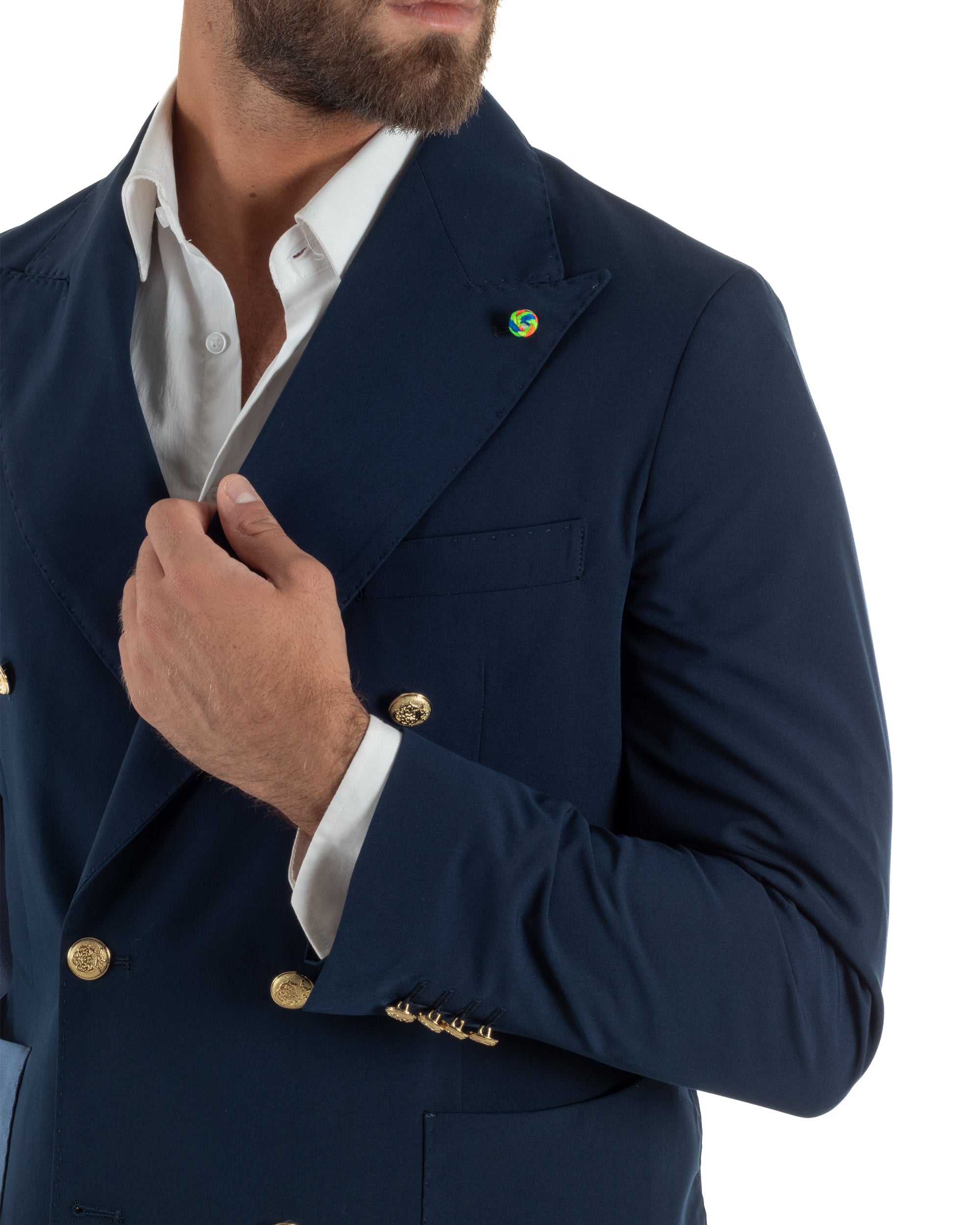 Abito uomo doppiopetto completo oversize giacca bottoni oro pantaloni baggy blu BlackSunday AE1262A