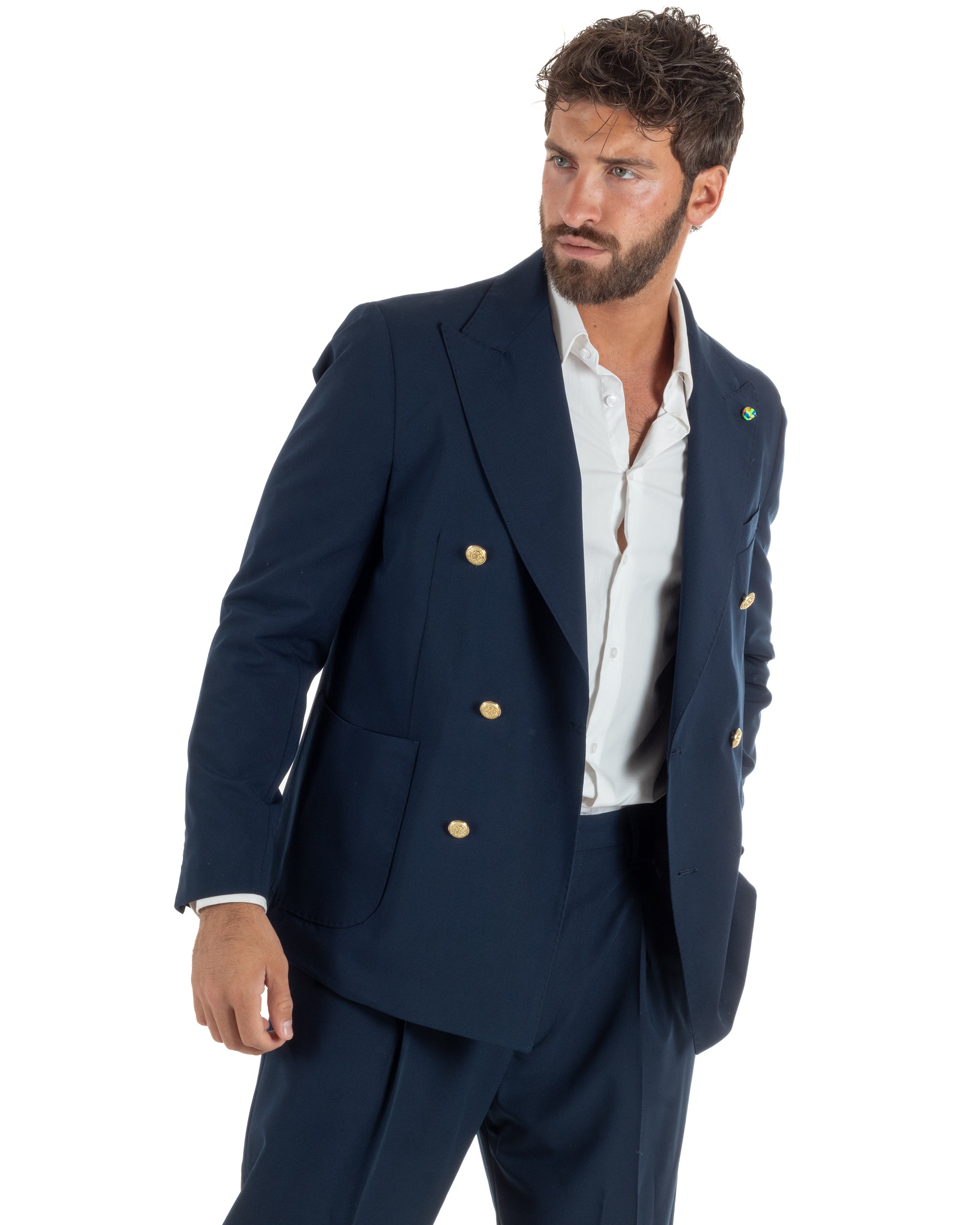 Abito uomo doppiopetto completo oversize giacca bottoni oro pantaloni baggy blu BlackSunday AE1262A