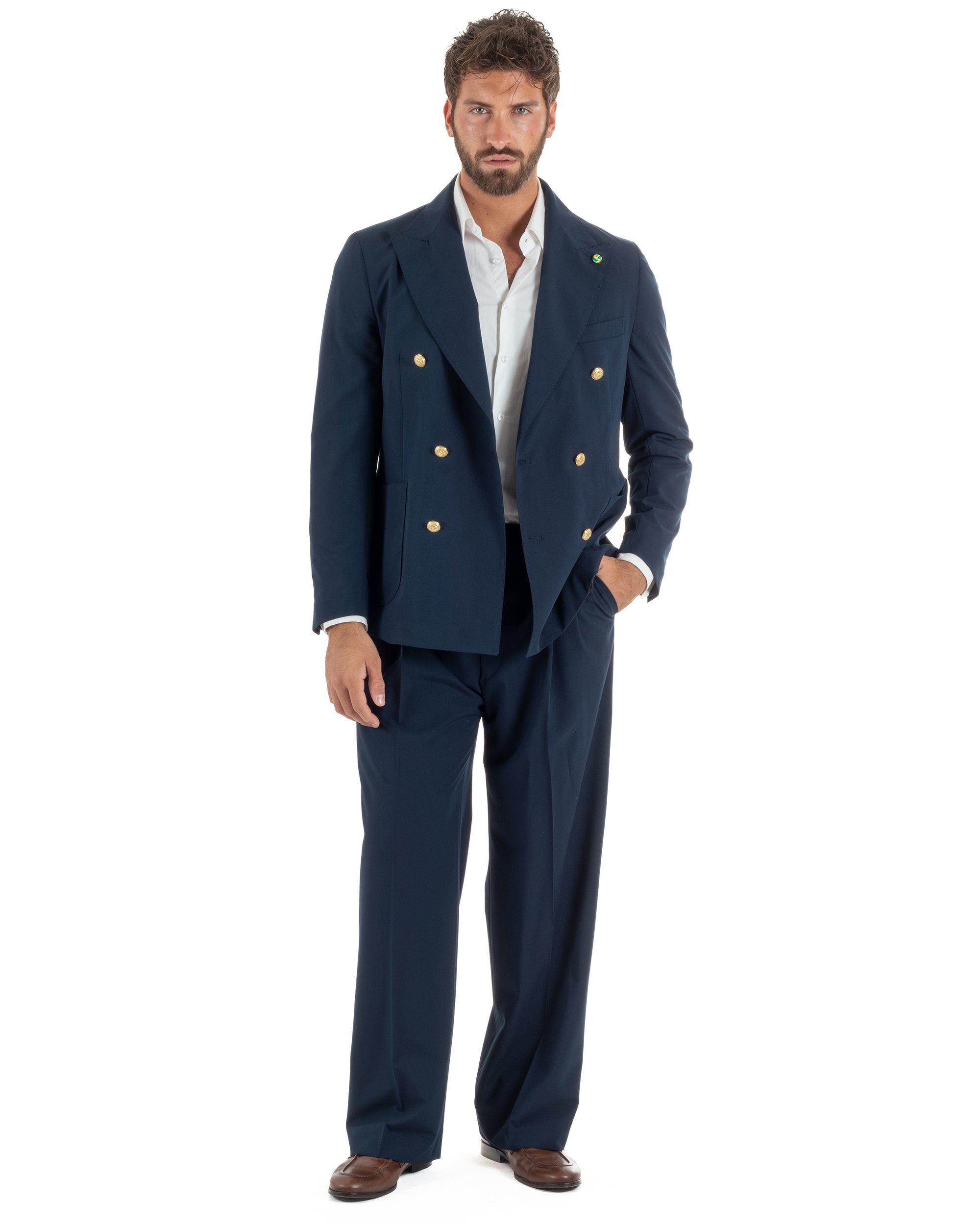 Abito uomo doppiopetto completo oversize giacca bottoni oro pantaloni baggy blu BlackSunday AE1262A