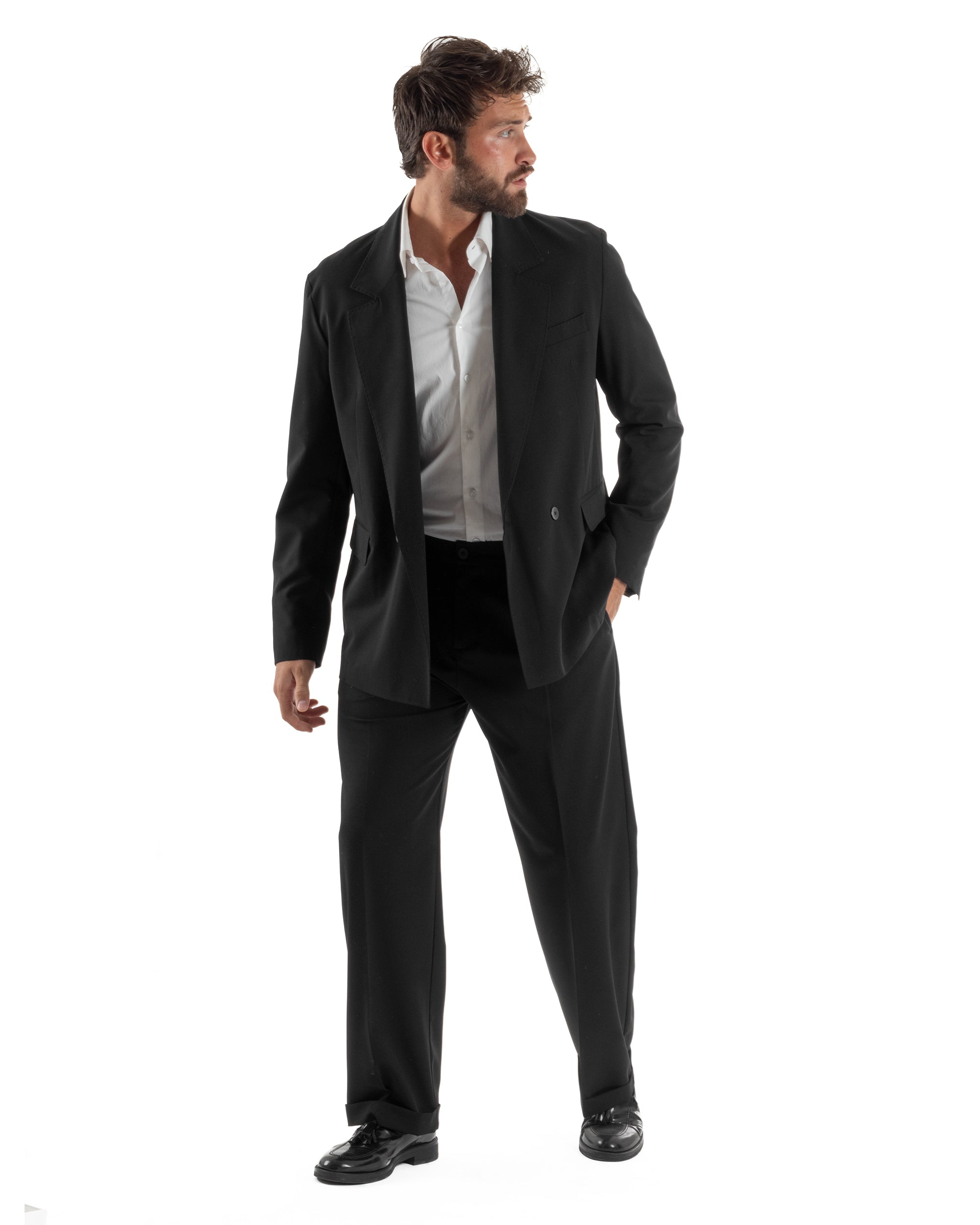 Abito uomo doppiopetto completo giacca 2 bottoni pantaloni baggy nero BlackSunday AE1263A