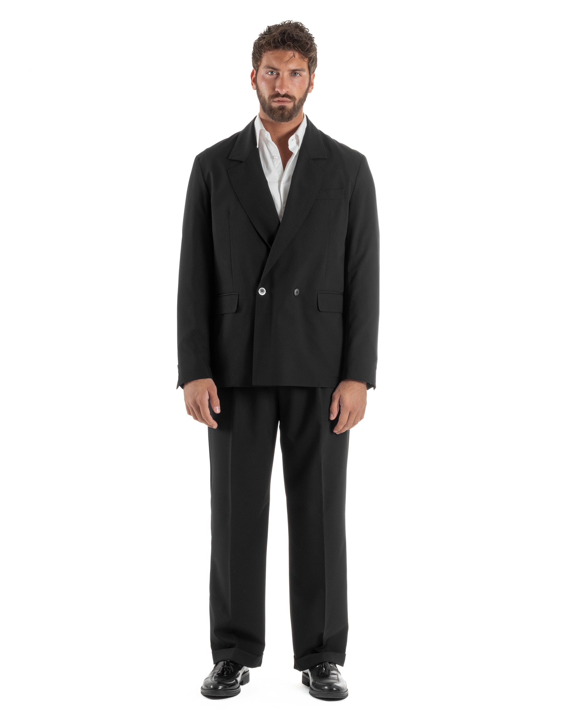 Abito uomo doppiopetto completo giacca 2 bottoni pantaloni baggy nero BlackSunday AE1263A