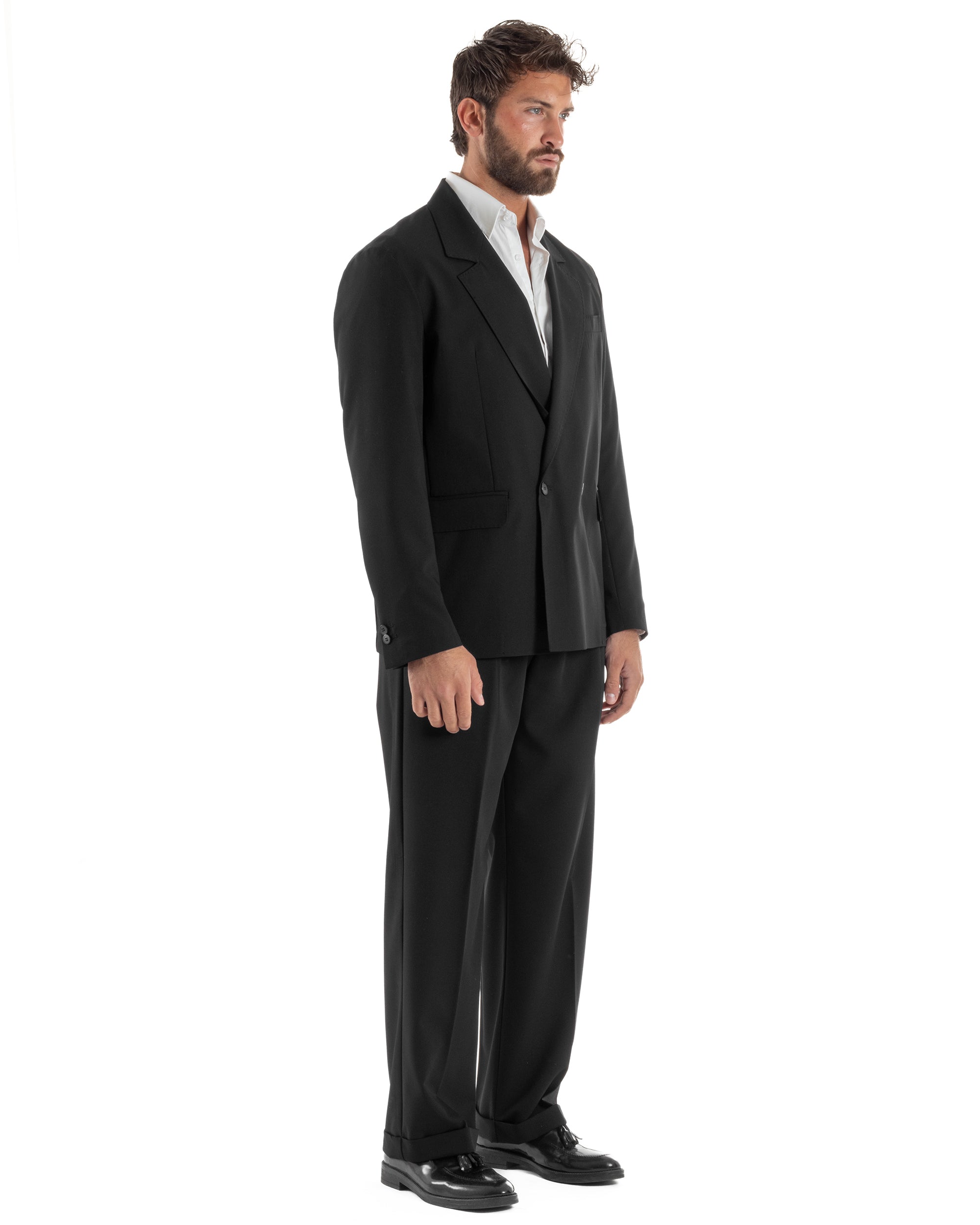 Abito uomo doppiopetto completo giacca 2 bottoni pantaloni baggy nero BlackSunday AE1263A