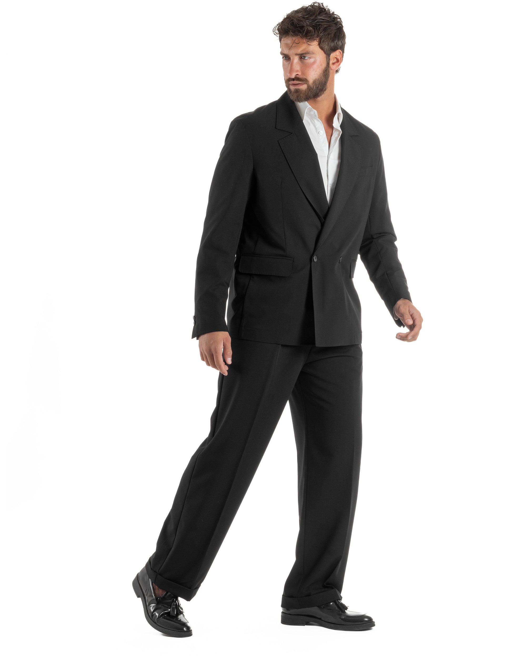 Abito uomo doppiopetto completo giacca 2 bottoni pantaloni baggy nero BlackSunday AE1263A