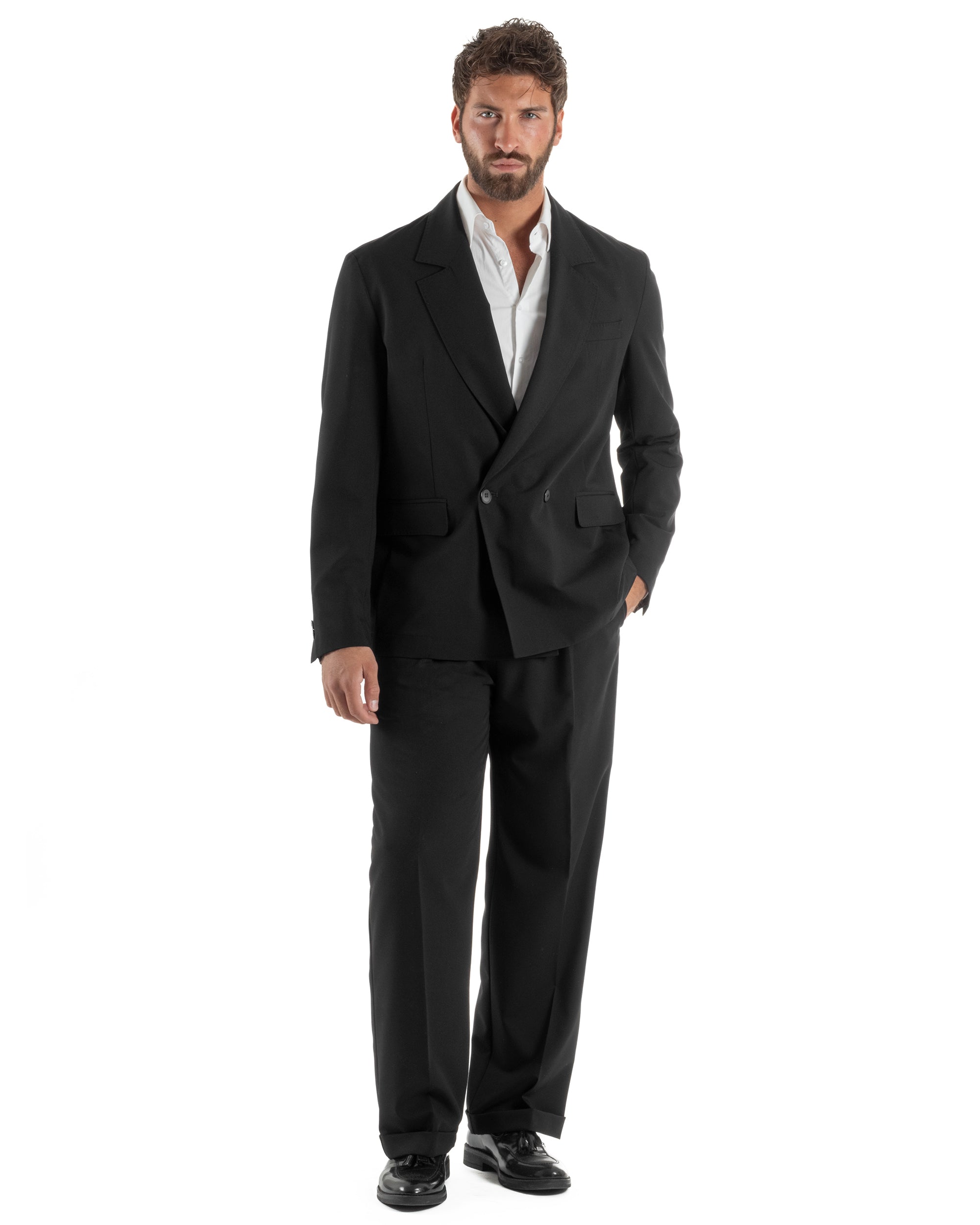 Abito uomo doppiopetto completo giacca 2 bottoni pantaloni baggy nero BlackSunday AE1263A