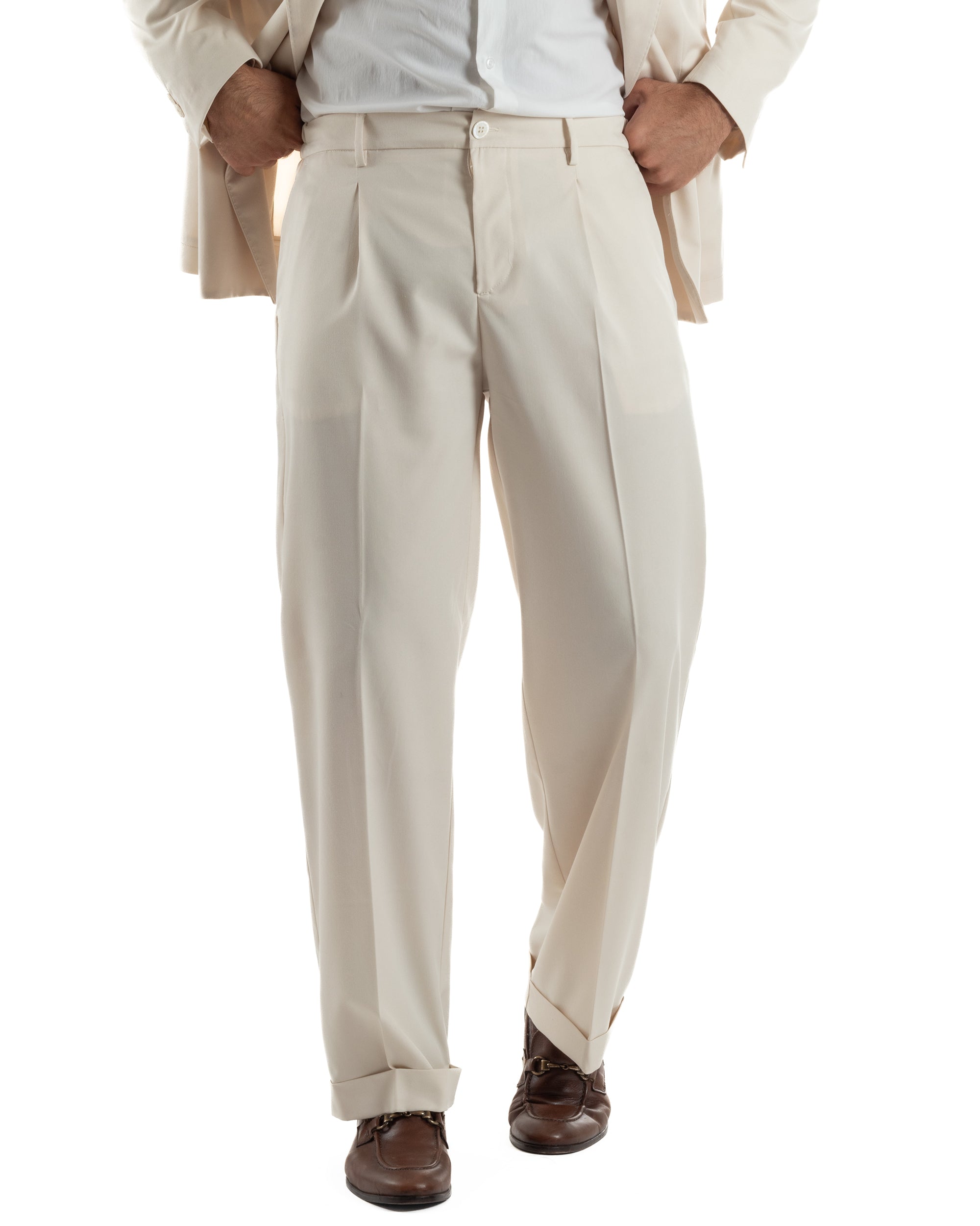 Abito uomo doppiopetto completo giacca 2 bottoni pantaloni baggy panna BlackSunday AE1264A