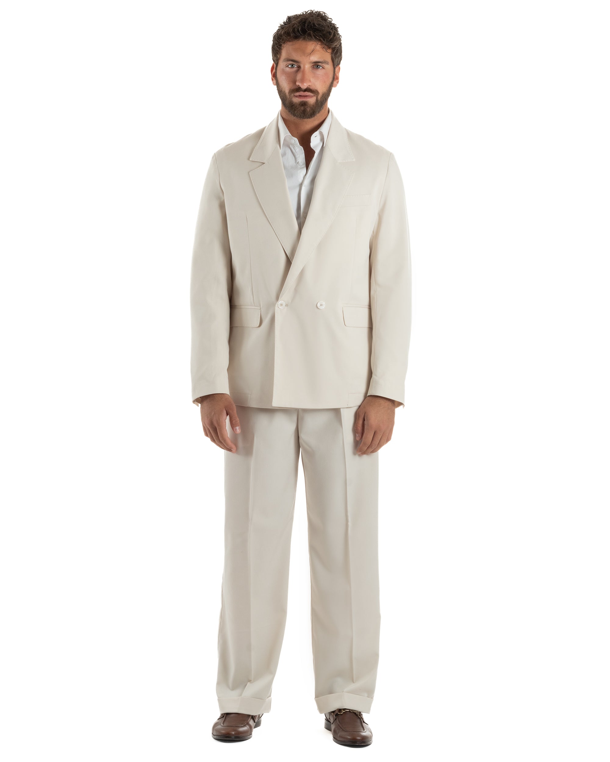 Abito uomo doppiopetto completo giacca 2 bottoni pantaloni baggy panna BlackSunday AE1264A