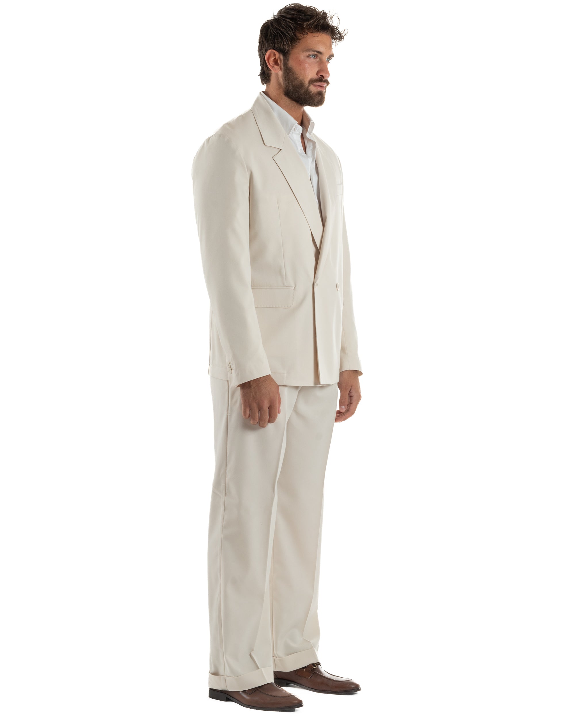 Abito uomo doppiopetto completo giacca 2 bottoni pantaloni baggy panna BlackSunday AE1264A