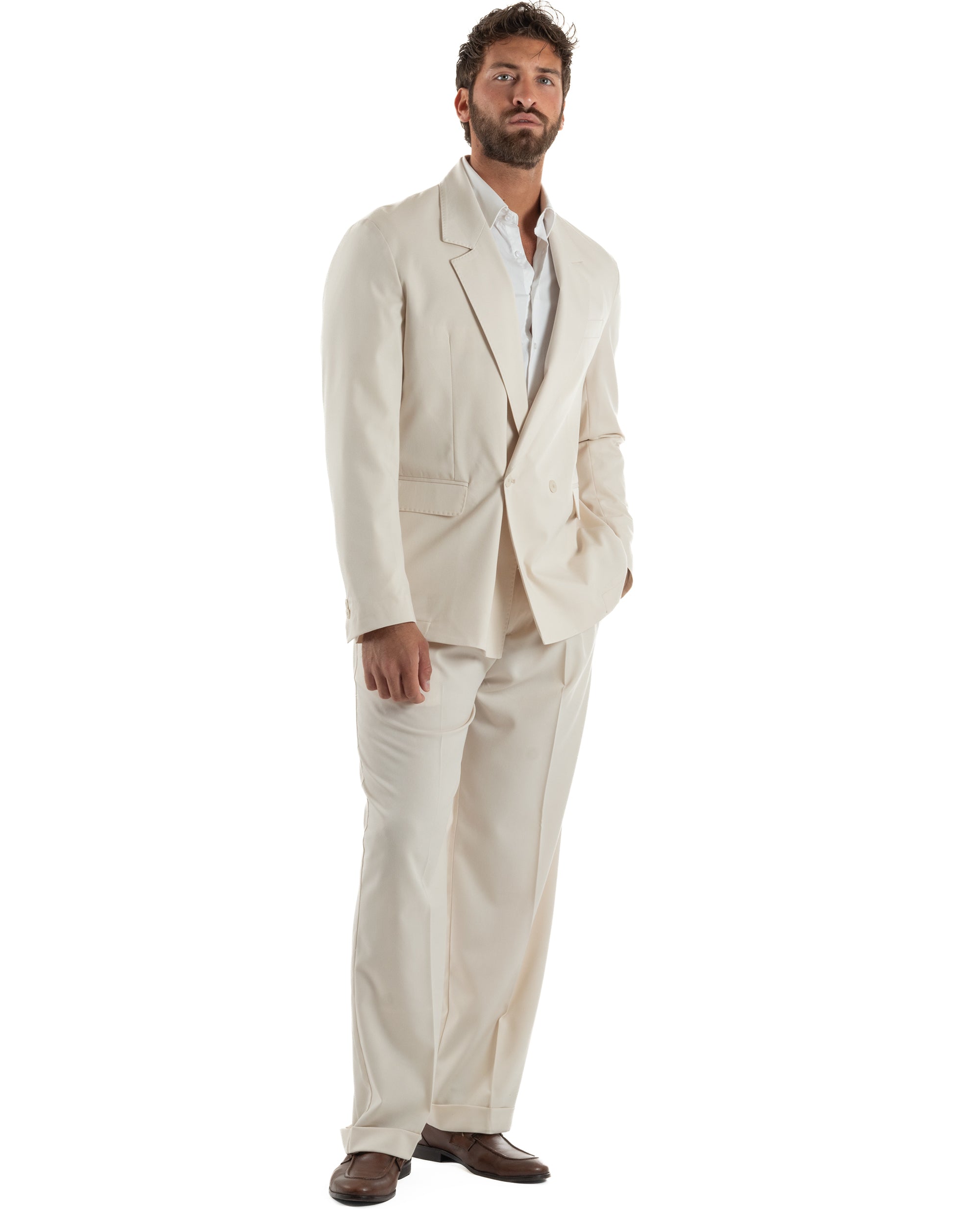 Abito uomo doppiopetto completo giacca 2 bottoni pantaloni baggy panna BlackSunday AE1264A