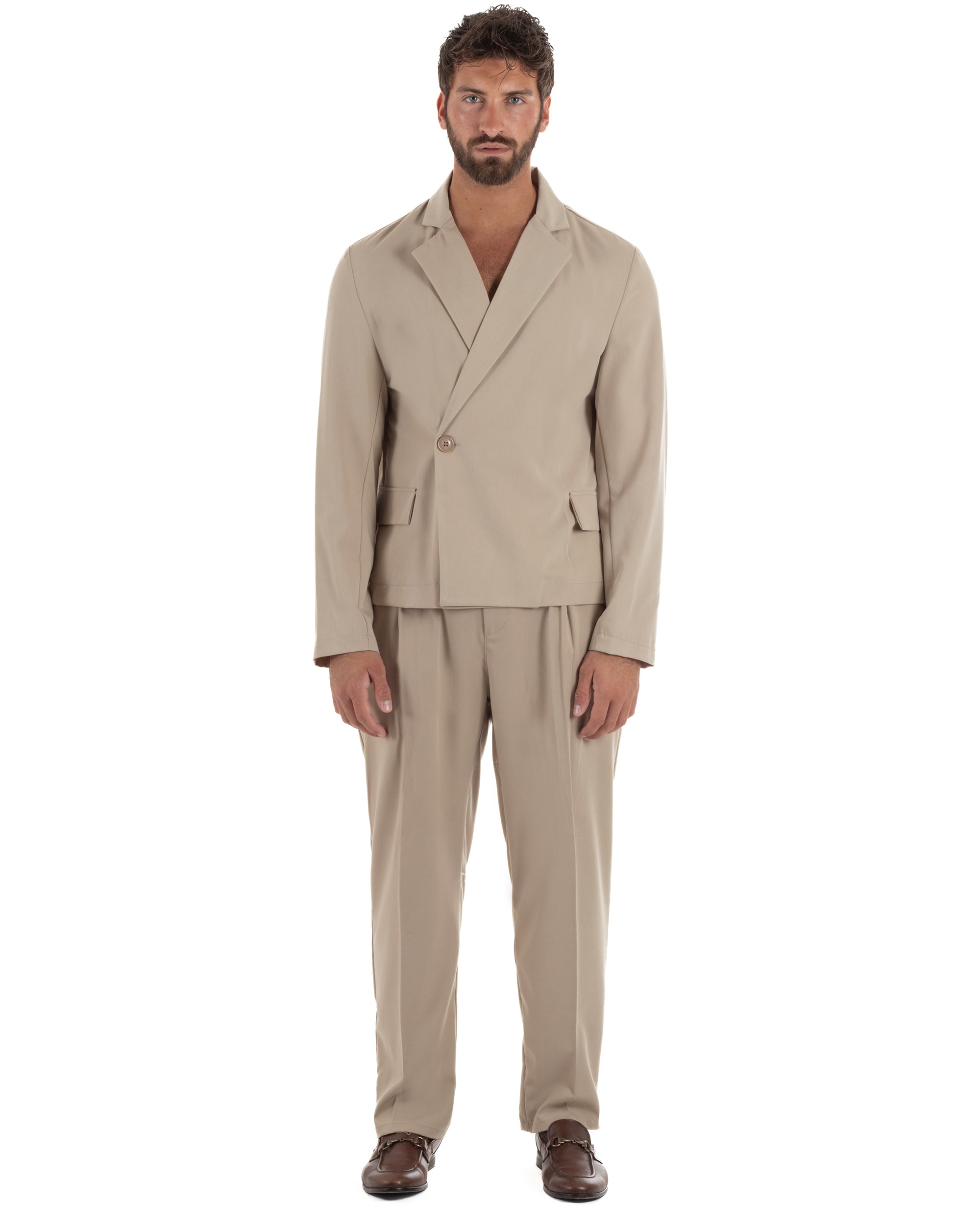 Abito uomo beige doppiopetto 1 bottone relaxed fit giacca rever ampio pantaloni pinces elastico