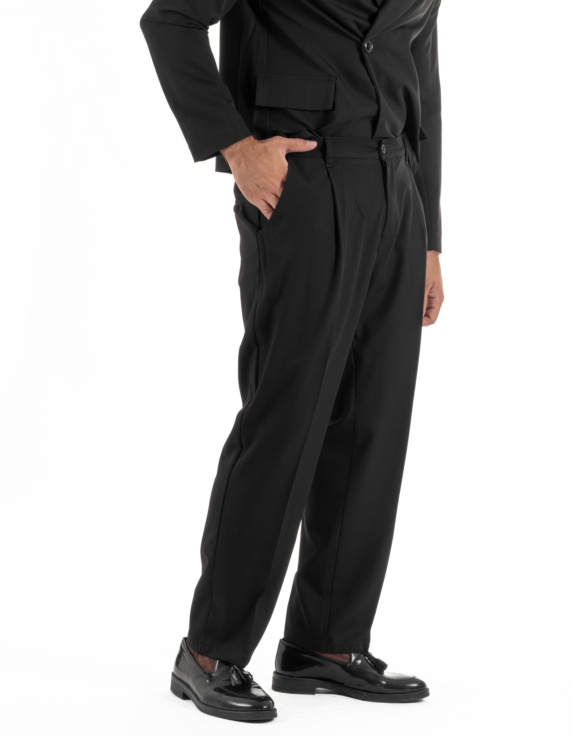 Abito uomo doppiopetto asimettrico completo relaxed fit giacca crop pantaloni baggy nero GIOSAL-AE1266A