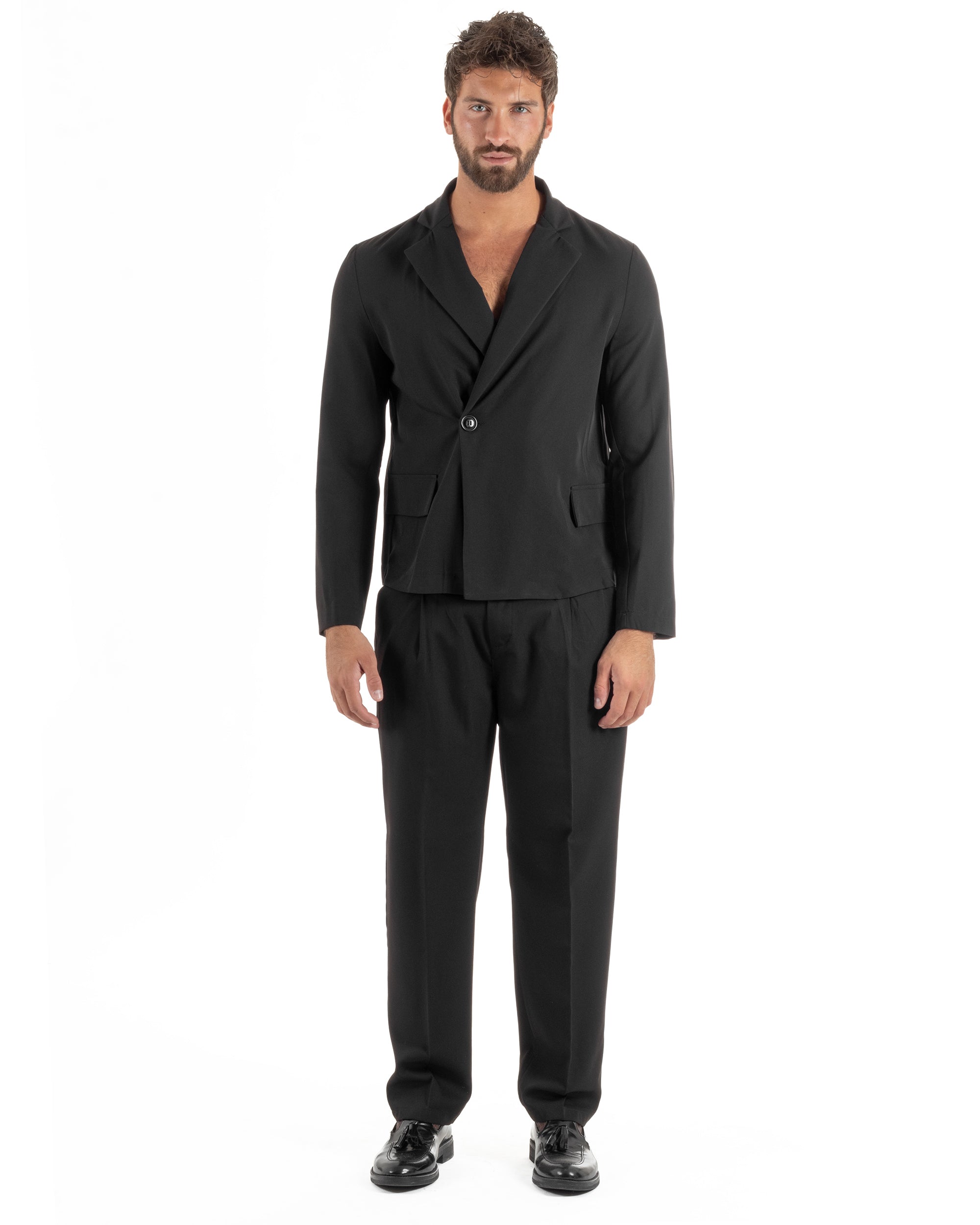 Abito uomo doppiopetto asimettrico completo relaxed fit giacca crop pantaloni baggy nero GIOSAL-AE1266A