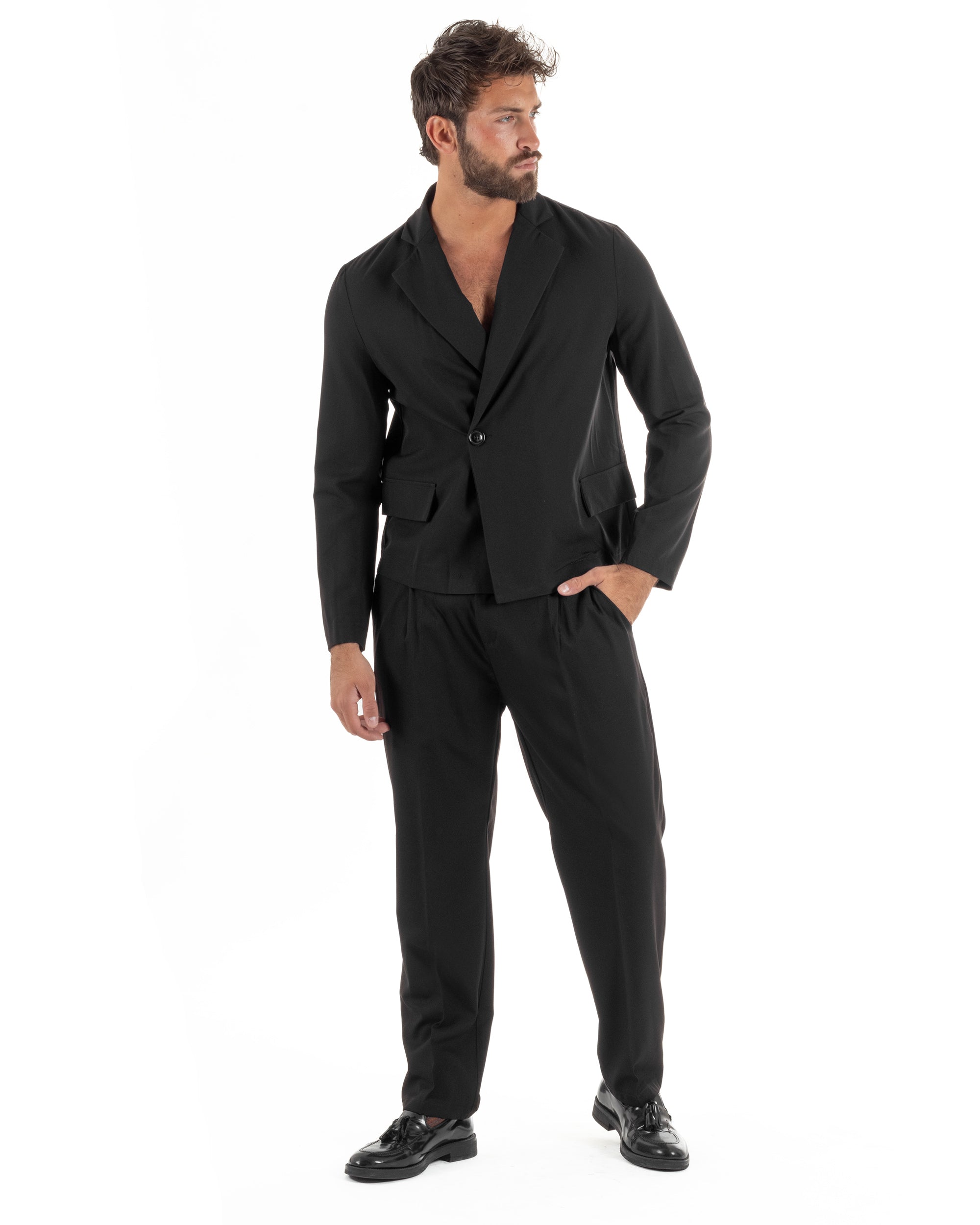 Abito uomo doppiopetto asimettrico completo relaxed fit giacca crop pantaloni baggy nero GIOSAL-AE1266A