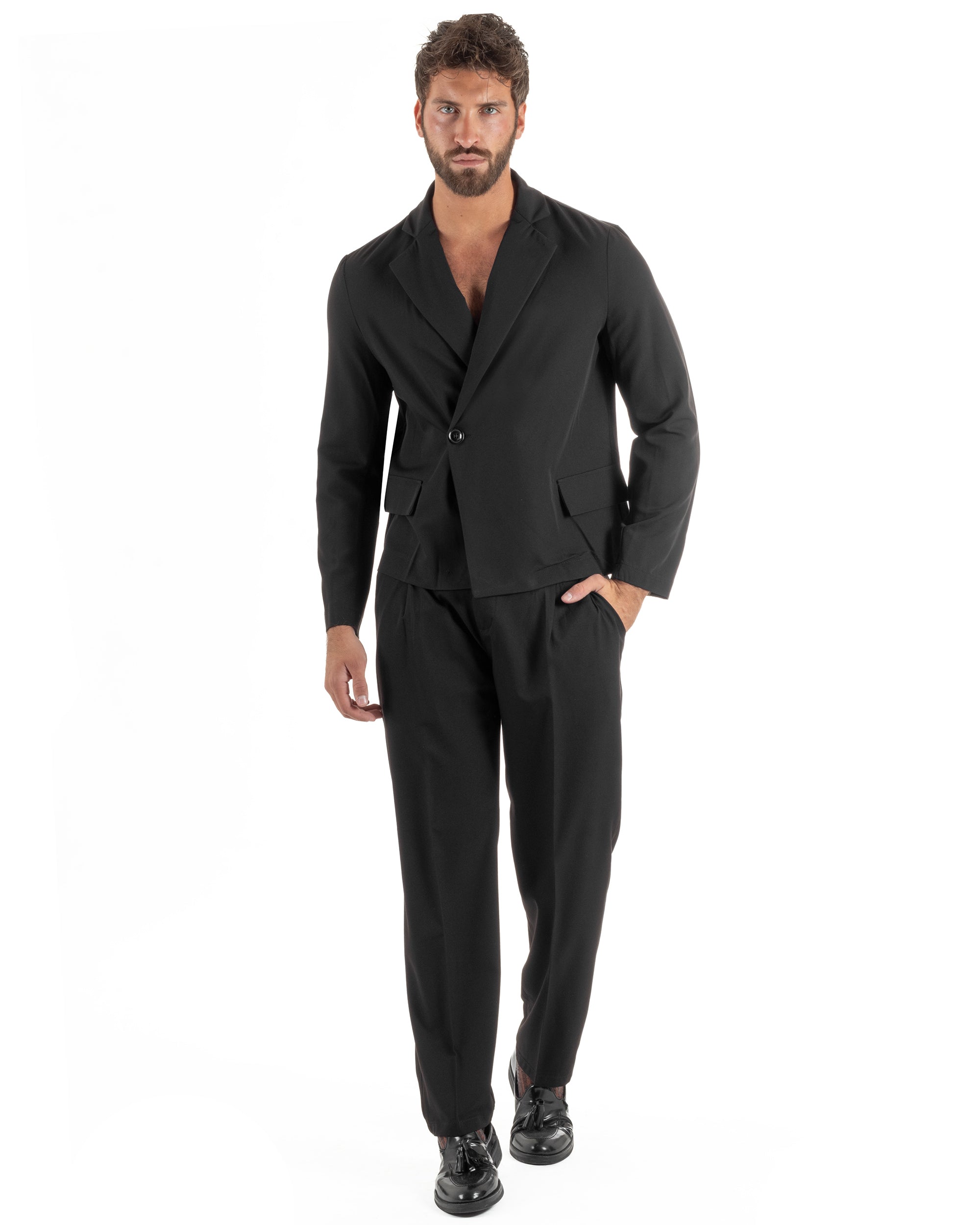 Abito uomo doppiopetto asimettrico completo relaxed fit giacca crop pantaloni baggy nero GIOSAL-AE1266A