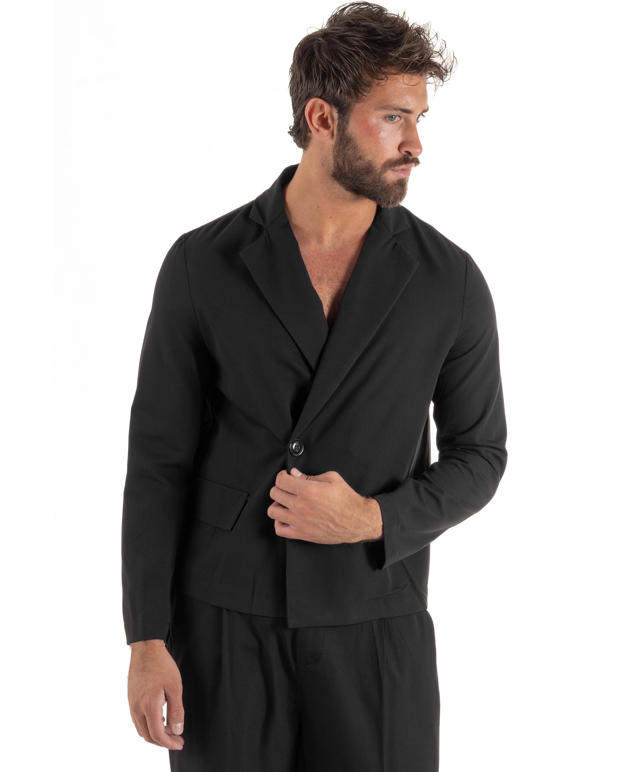 Abito uomo doppiopetto asimettrico completo relaxed fit giacca crop pantaloni baggy nero GIOSAL-AE1266A