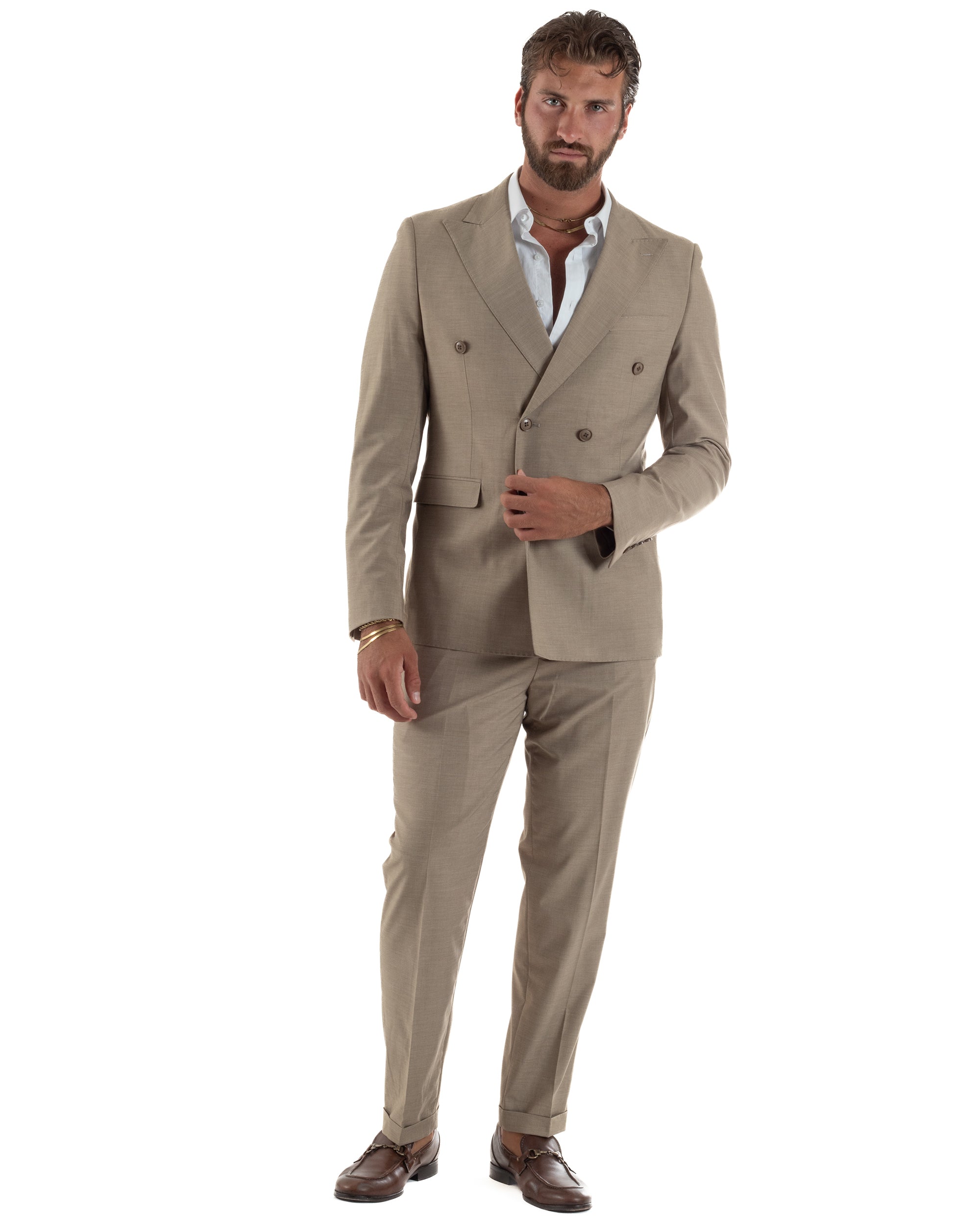 Abito uomo doppiopetto completo viscosa giacca pantaloni elegante fango melangiato GIOSAL-AE1268A