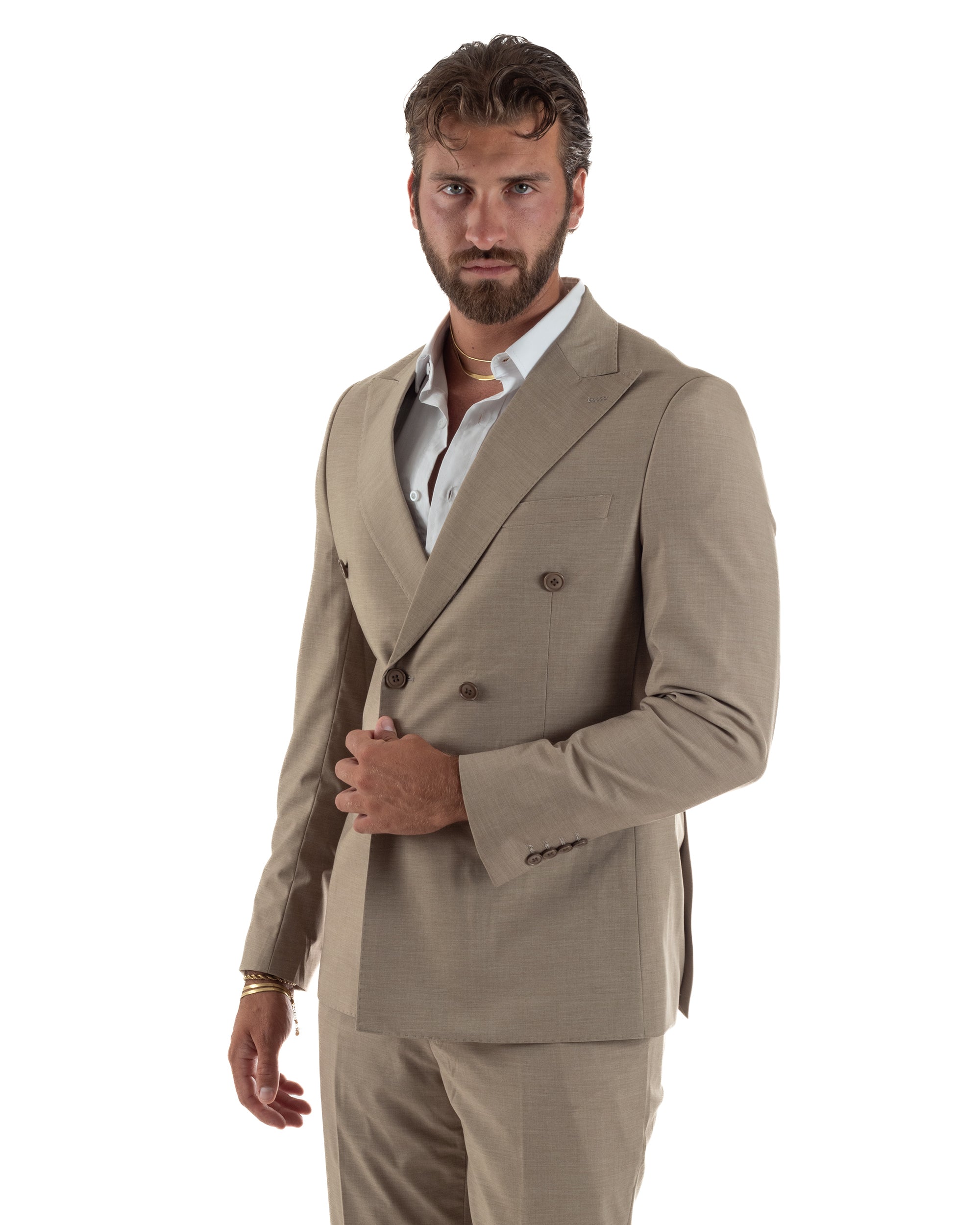 Abito uomo doppiopetto completo viscosa giacca pantaloni elegante fango melangiato GIOSAL-AE1268A