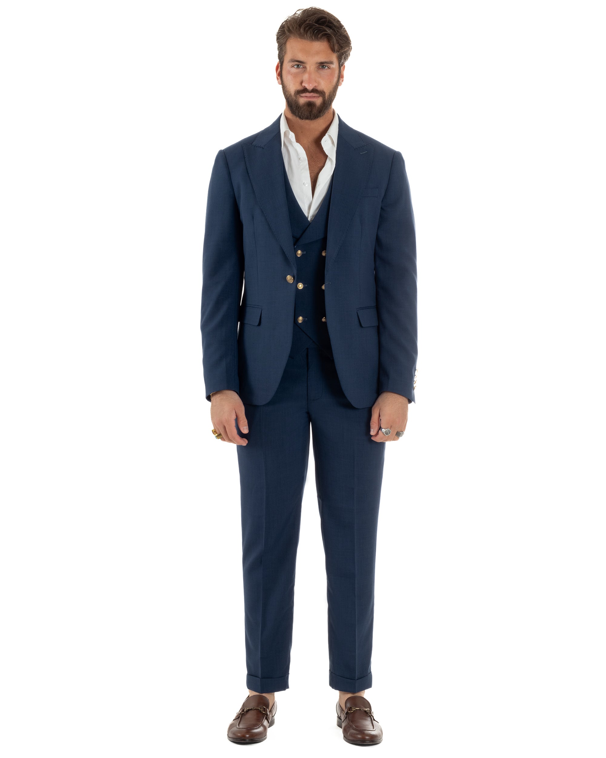 Abito uomo vestito monopetto 3 pezzi panciotto bottoni oro blu GIOSAL-AE1269A