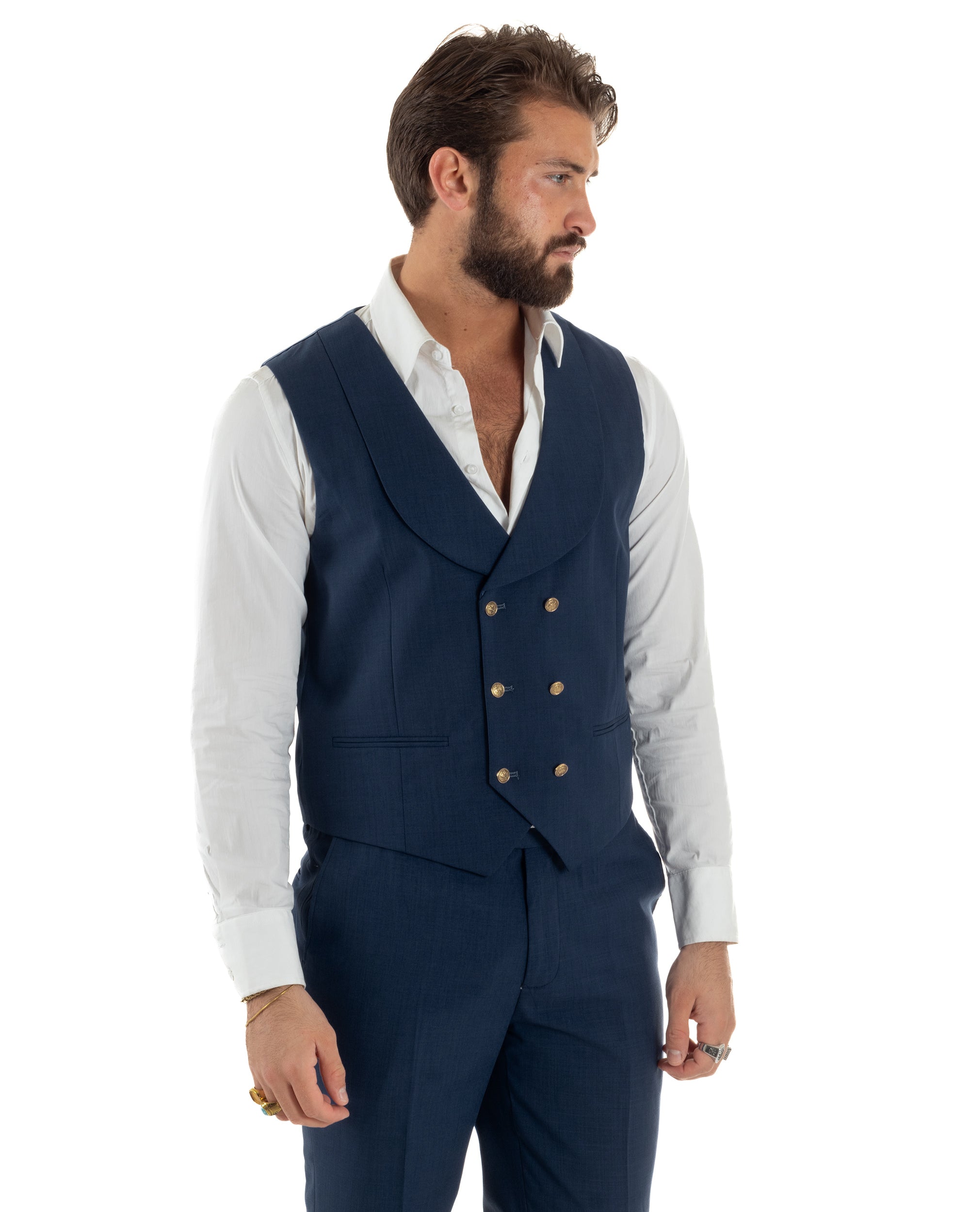 Abito uomo vestito monopetto 3 pezzi panciotto bottoni oro blu GIOSAL-AE1269A