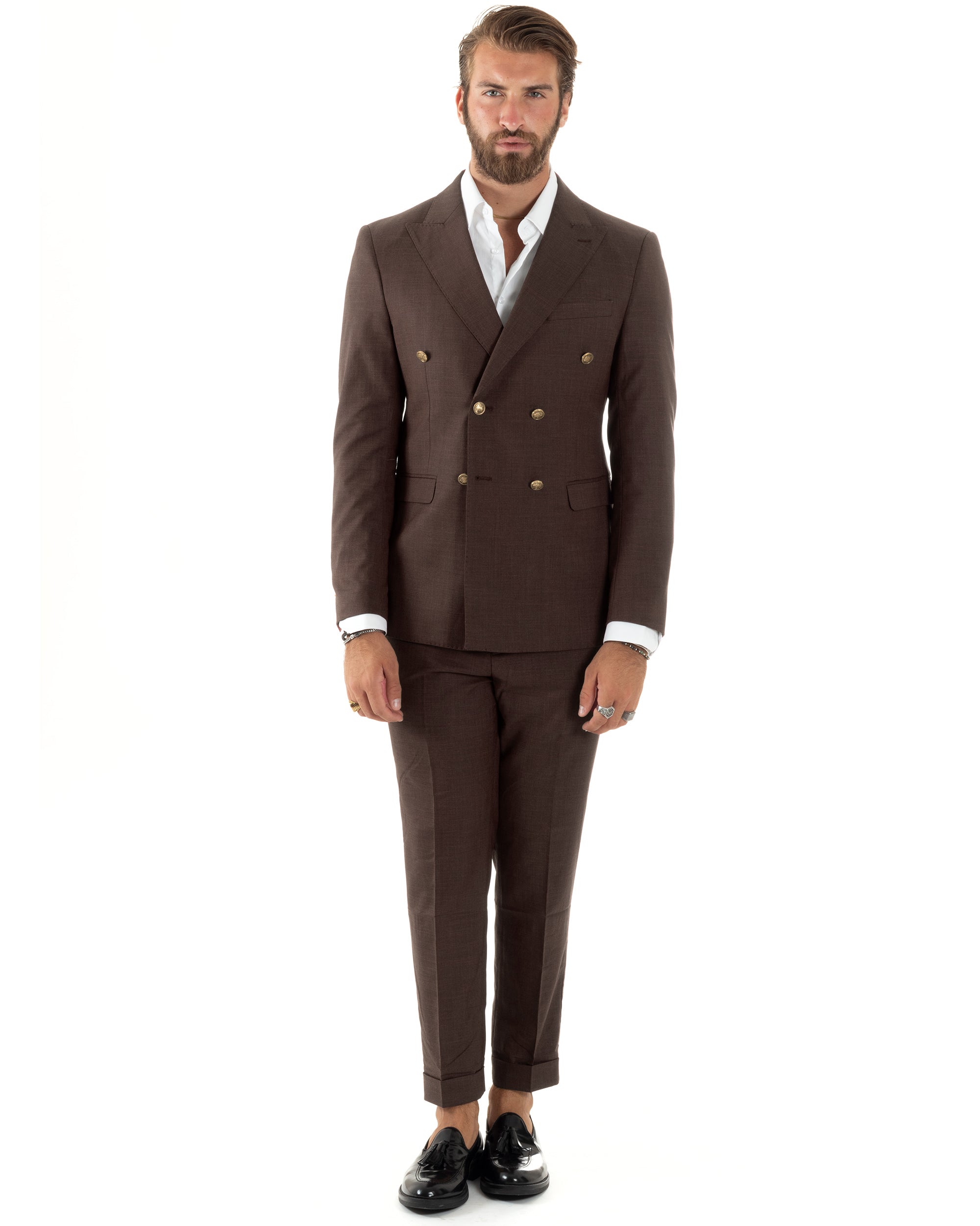Abito uomo doppiopetto completo giacca pantaloni bottoni metallo marrone melangiato GIOSAL-AE1270A