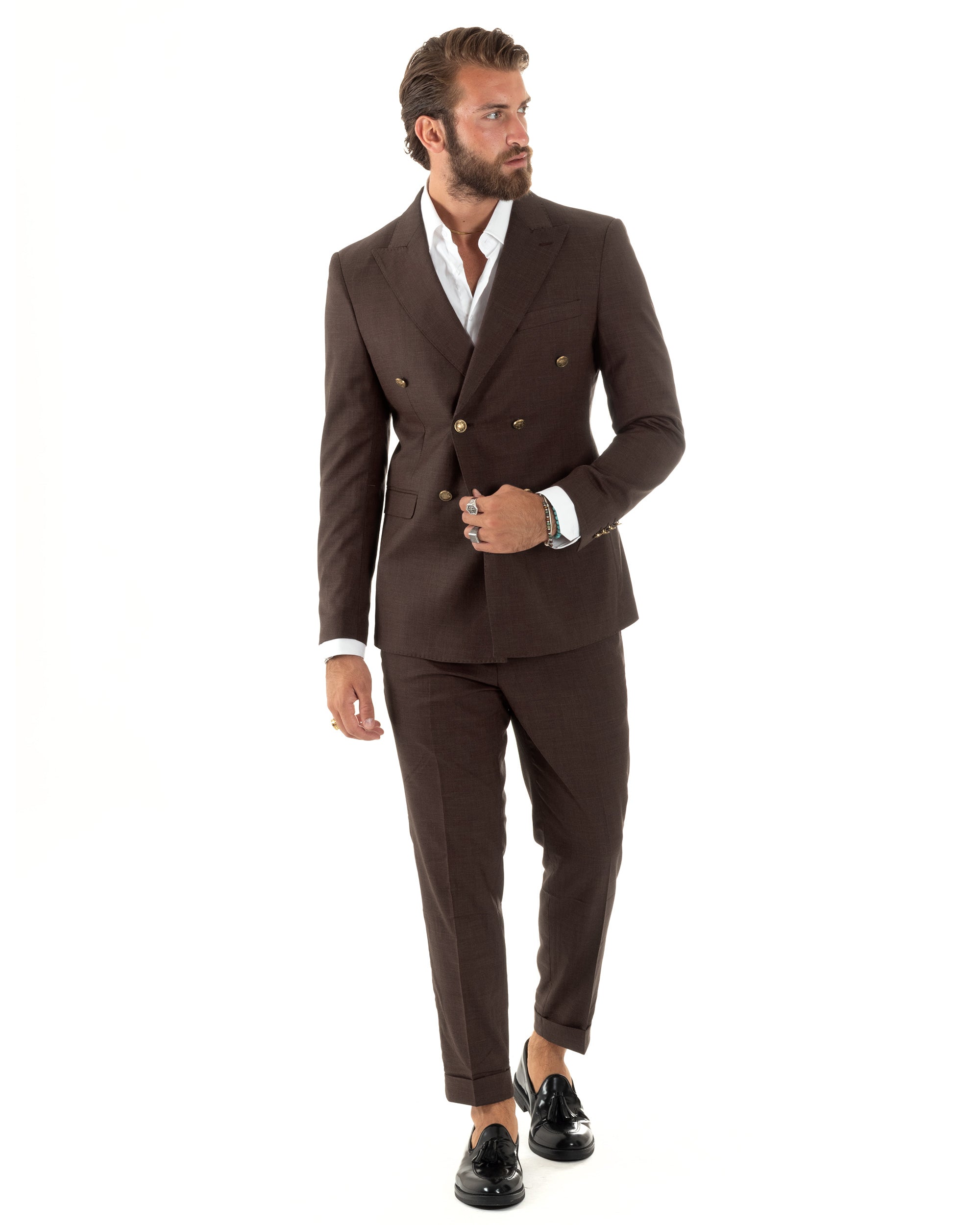 Abito uomo doppiopetto completo giacca pantaloni bottoni metallo marrone melangiato GIOSAL-AE1270A