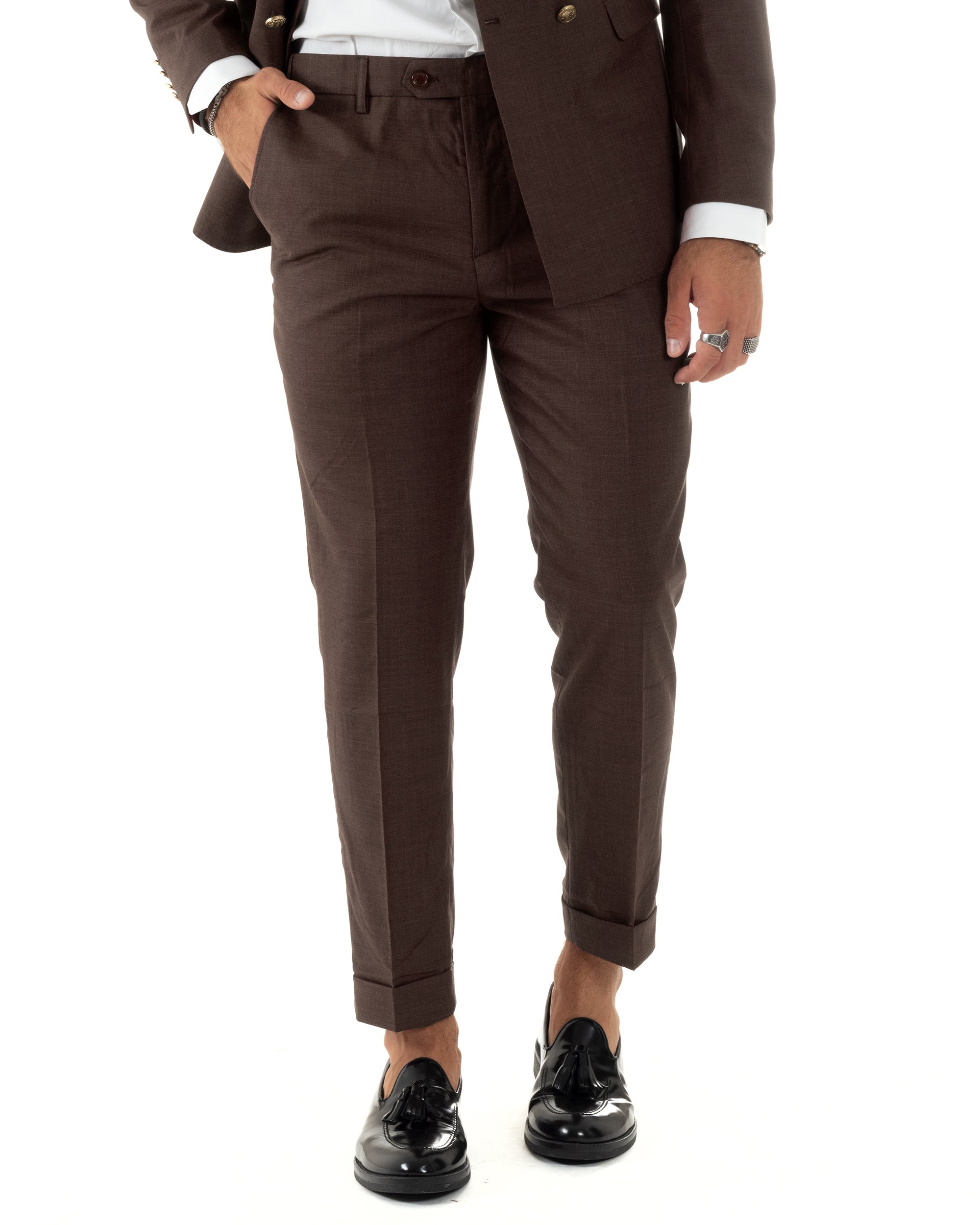 Abito uomo doppiopetto completo giacca pantaloni bottoni metallo marrone melangiato GIOSAL-AE1270A