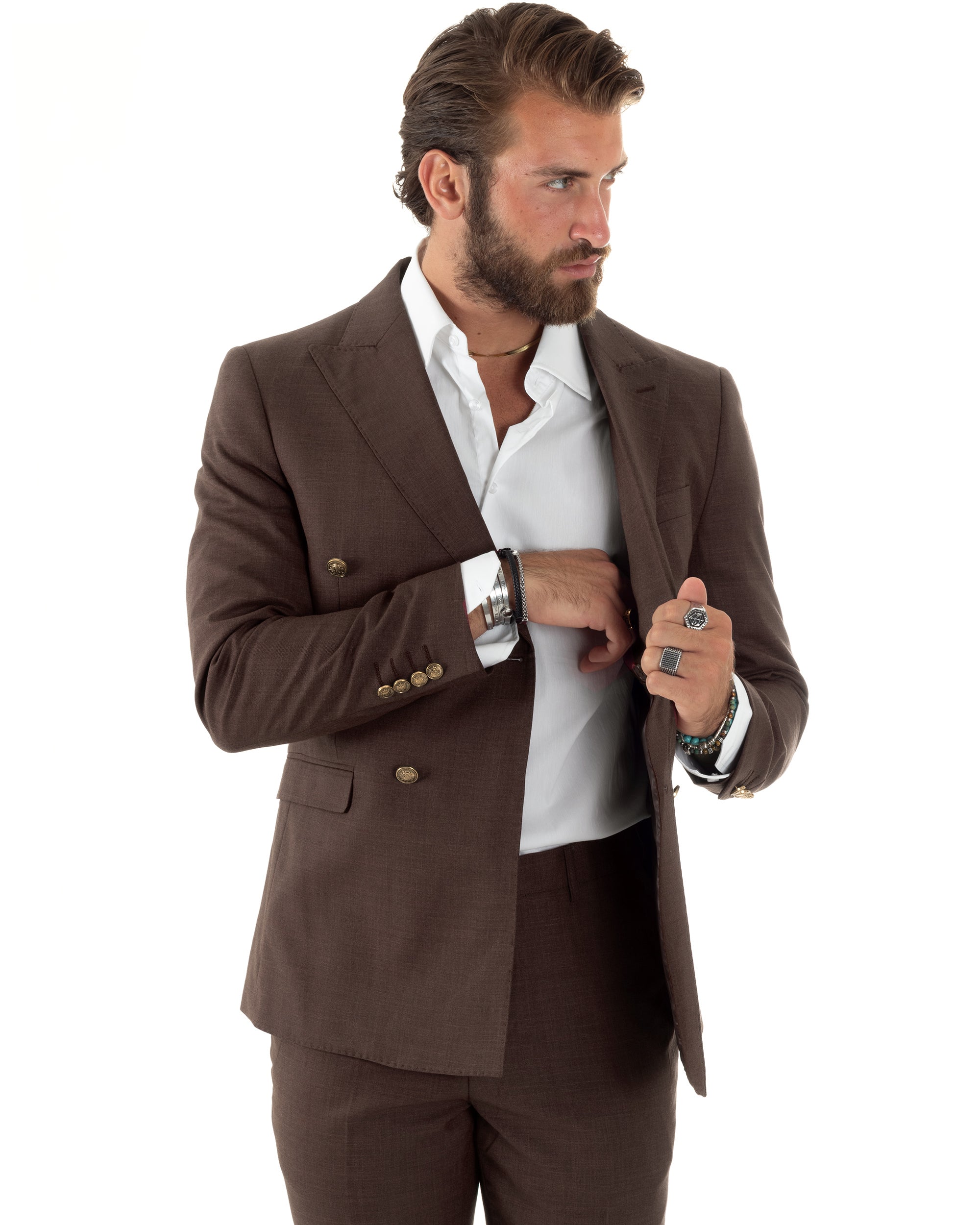 Abito uomo doppiopetto completo giacca pantaloni bottoni metallo marrone melangiato GIOSAL-AE1270A