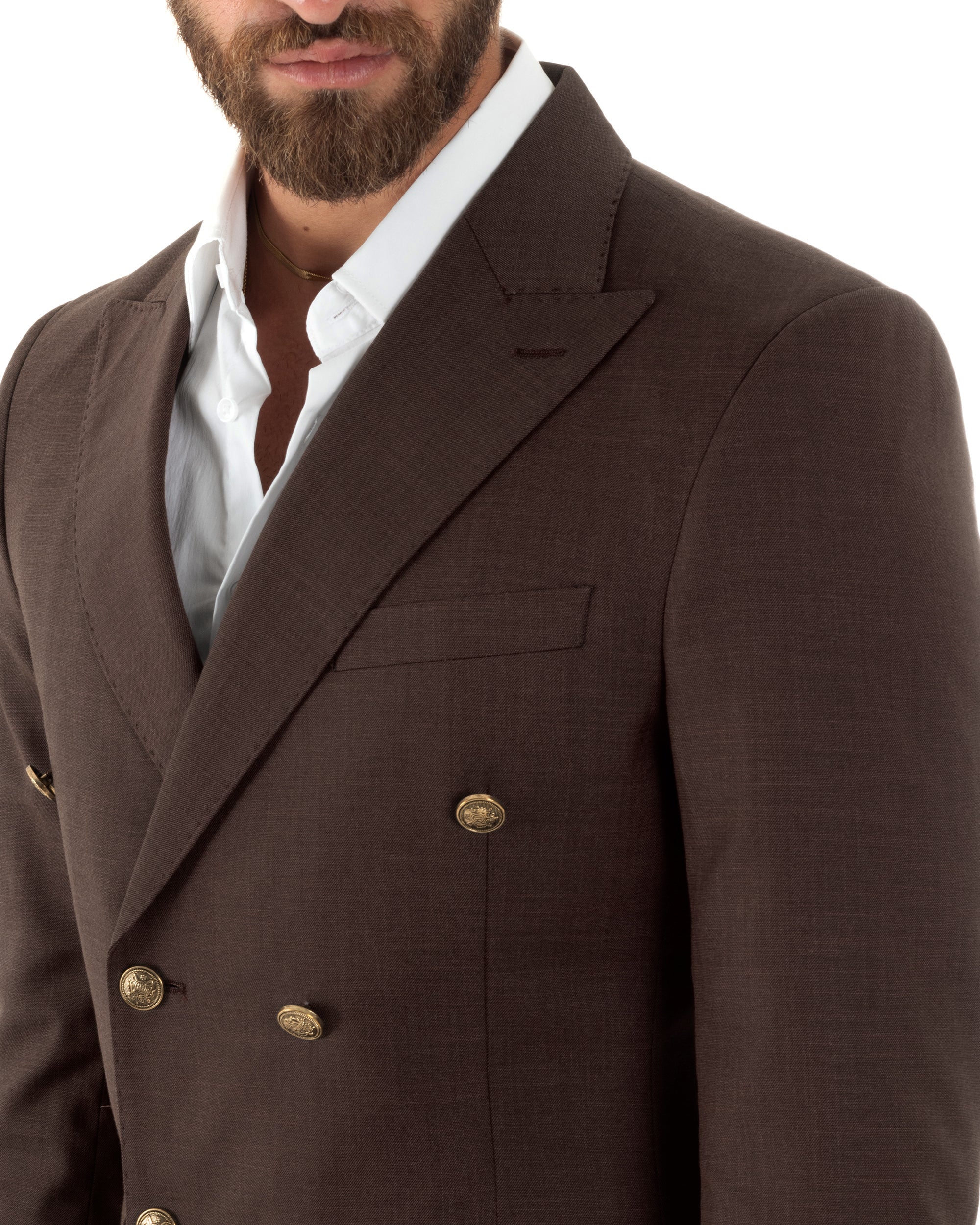 Abito uomo doppiopetto completo giacca pantaloni bottoni metallo marrone melangiato GIOSAL-AE1270A
