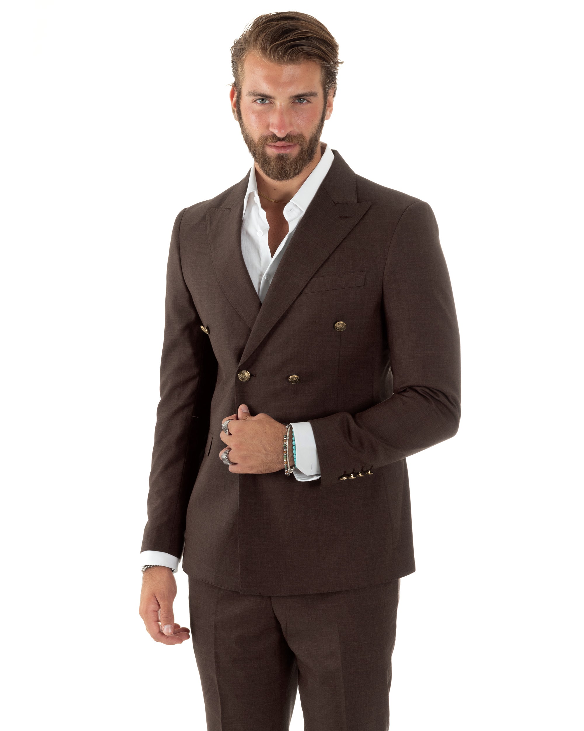 Abito uomo doppiopetto completo giacca pantaloni bottoni metallo marrone melangiato GIOSAL-AE1270A