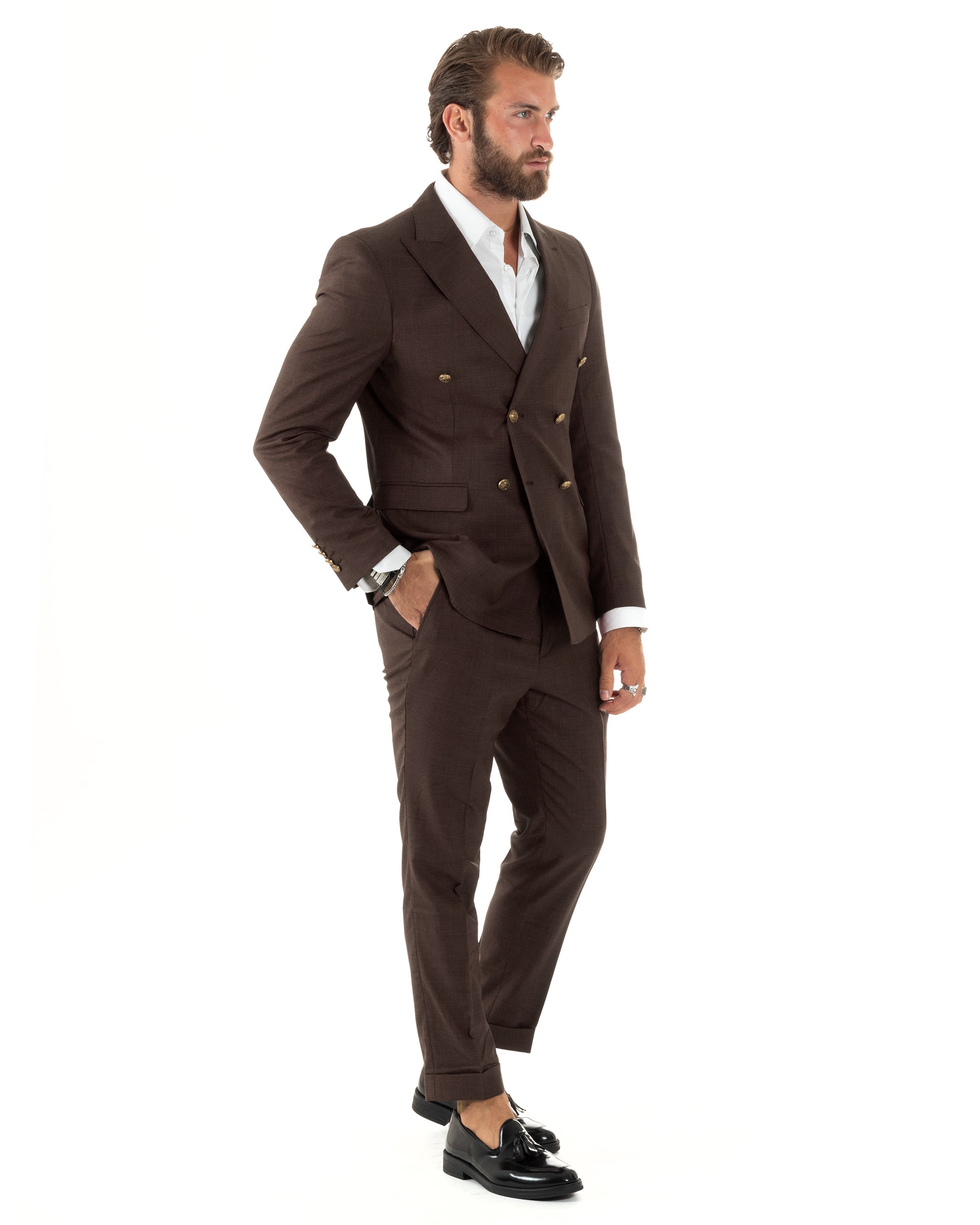 Abito uomo doppiopetto completo giacca pantaloni bottoni metallo marrone melangiato GIOSAL-AE1270A