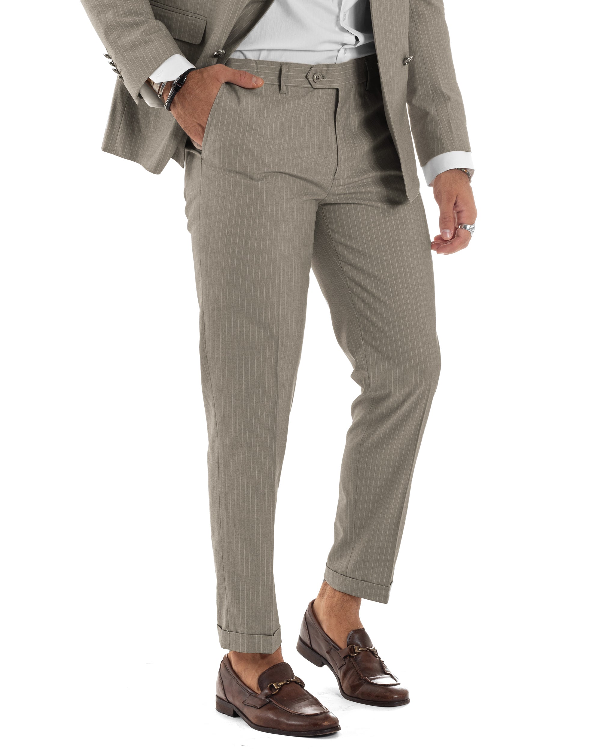 Abito uomo doppiopetto vestito completo rigato giacca pantaloni bottoni metallo fantasia gessata tortora GIOSAL-AE1272A