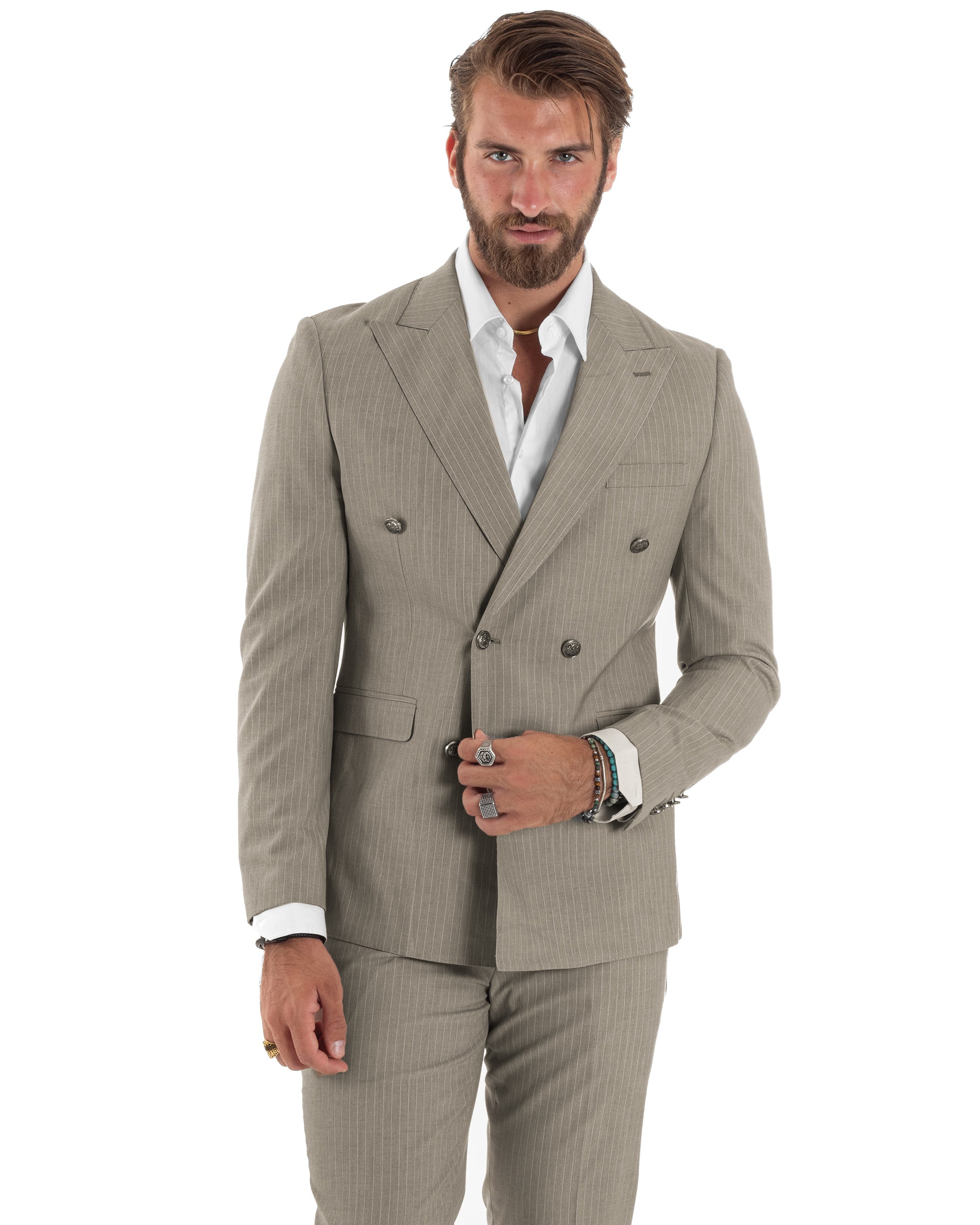 Abito uomo doppiopetto vestito completo rigato giacca pantaloni bottoni metallo fantasia gessata tortora GIOSAL-AE1272A