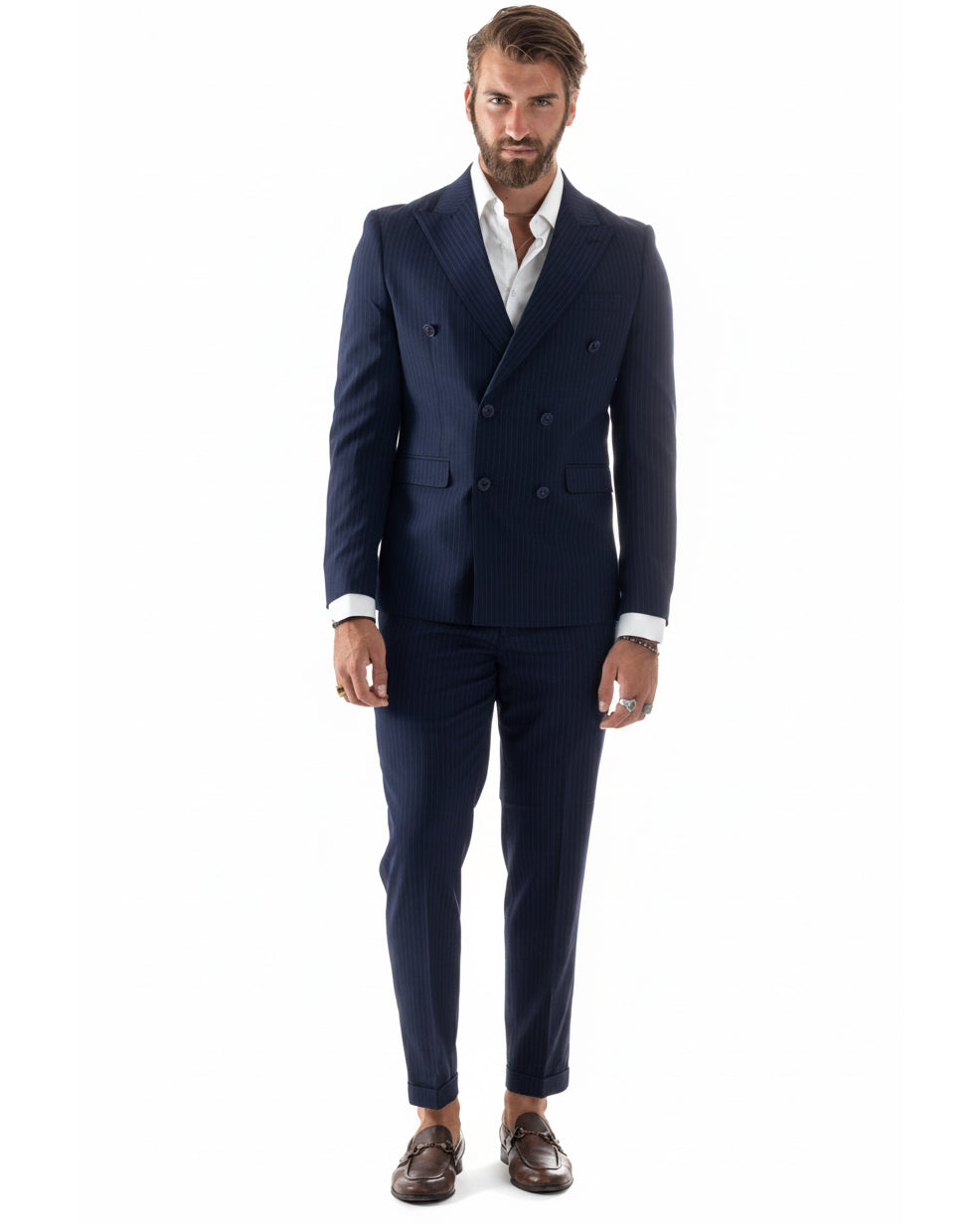 Abito uomo doppiopetto sartoriale rigato giacca pantaloni fantasia gessata blu GIOSAL-AE1276A