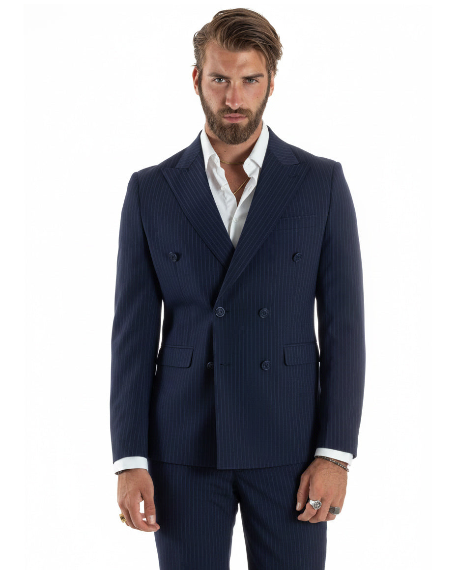Abito uomo doppiopetto sartoriale rigato giacca pantaloni fantasia gessata blu GIOSAL-AE1276A