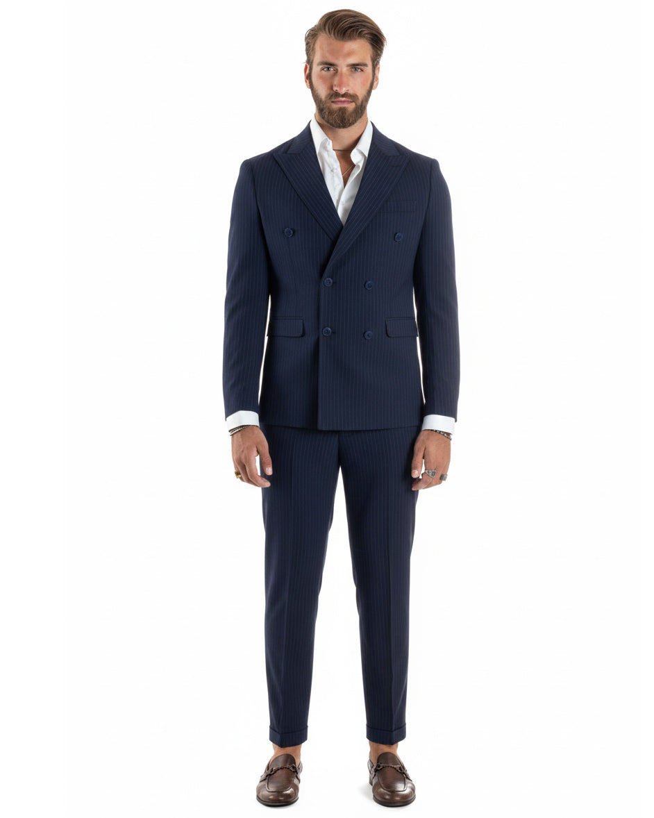 Abito uomo doppiopetto sartoriale rigato giacca pantaloni fantasia gessata blu GIOSAL-AE1276A