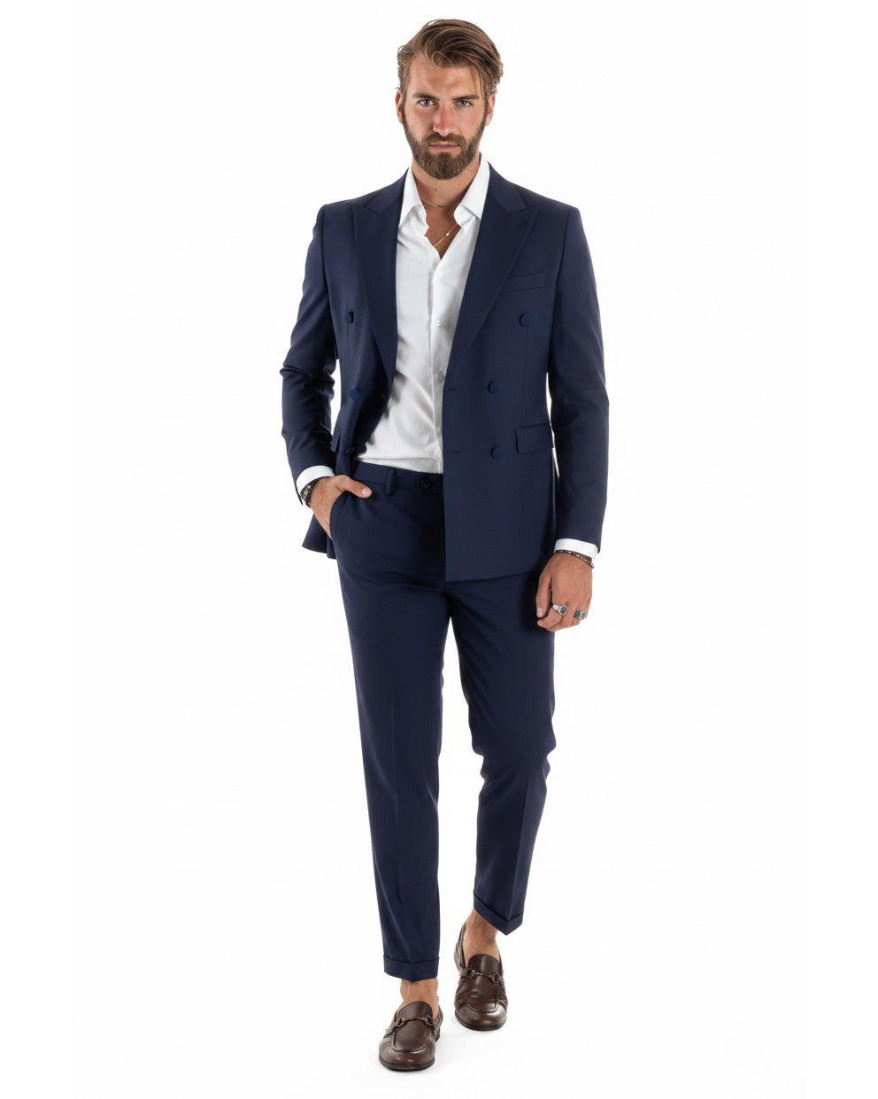 Abito uomo doppiopetto sartoriale rigato giacca pantaloni fantasia gessata blu GIOSAL-AE1276A