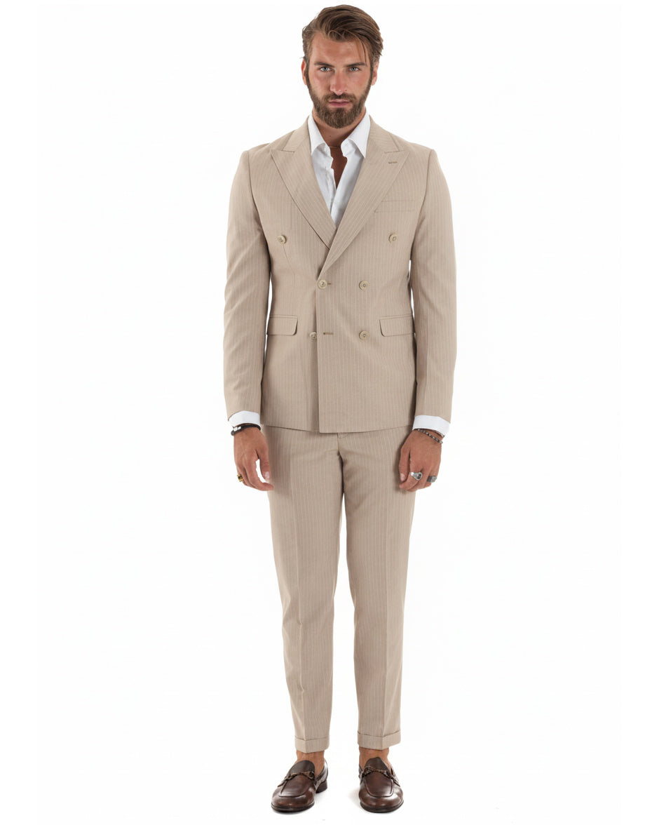 Abito uomo doppiopetto sartoriale rigato giacca pantaloni fantasia gessata beige GIOSAL-AE1279A