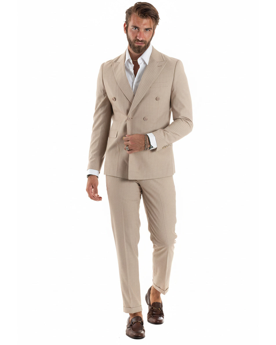 Abito uomo doppiopetto sartoriale rigato giacca pantaloni fantasia gessata beige GIOSAL-AE1279A