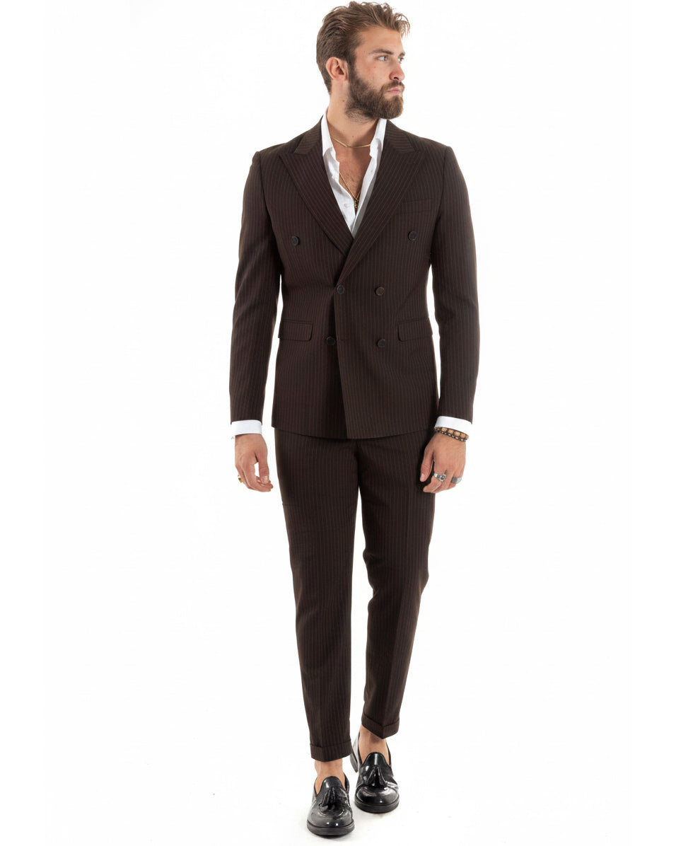 Abito uomo doppiopetto sartoriale rigato giacca pantaloni fantasia gessata marrone GIOSAL-AE1280A