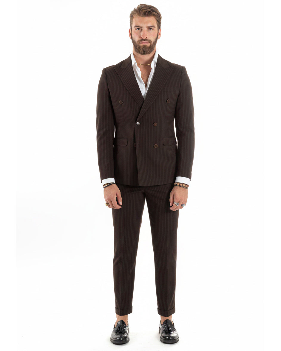 Abito uomo doppiopetto sartoriale rigato giacca pantaloni fantasia gessata marrone GIOSAL-AE1280A