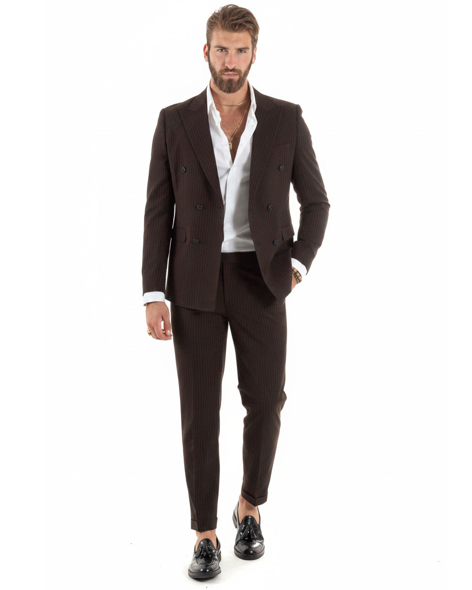 Abito uomo doppiopetto sartoriale rigato giacca pantaloni fantasia gessata marrone GIOSAL-AE1280A