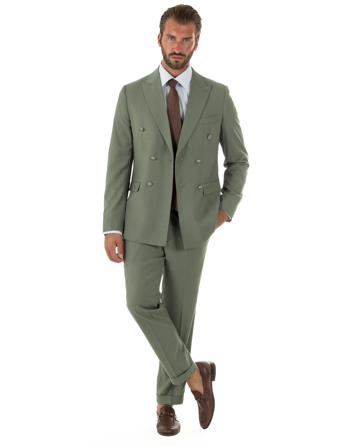 Abito uomo doppiopetto vestito completo rigato giacca pantaloni bottoni metallo fantasia gessata verde salvia GIOSAL-AE1284A