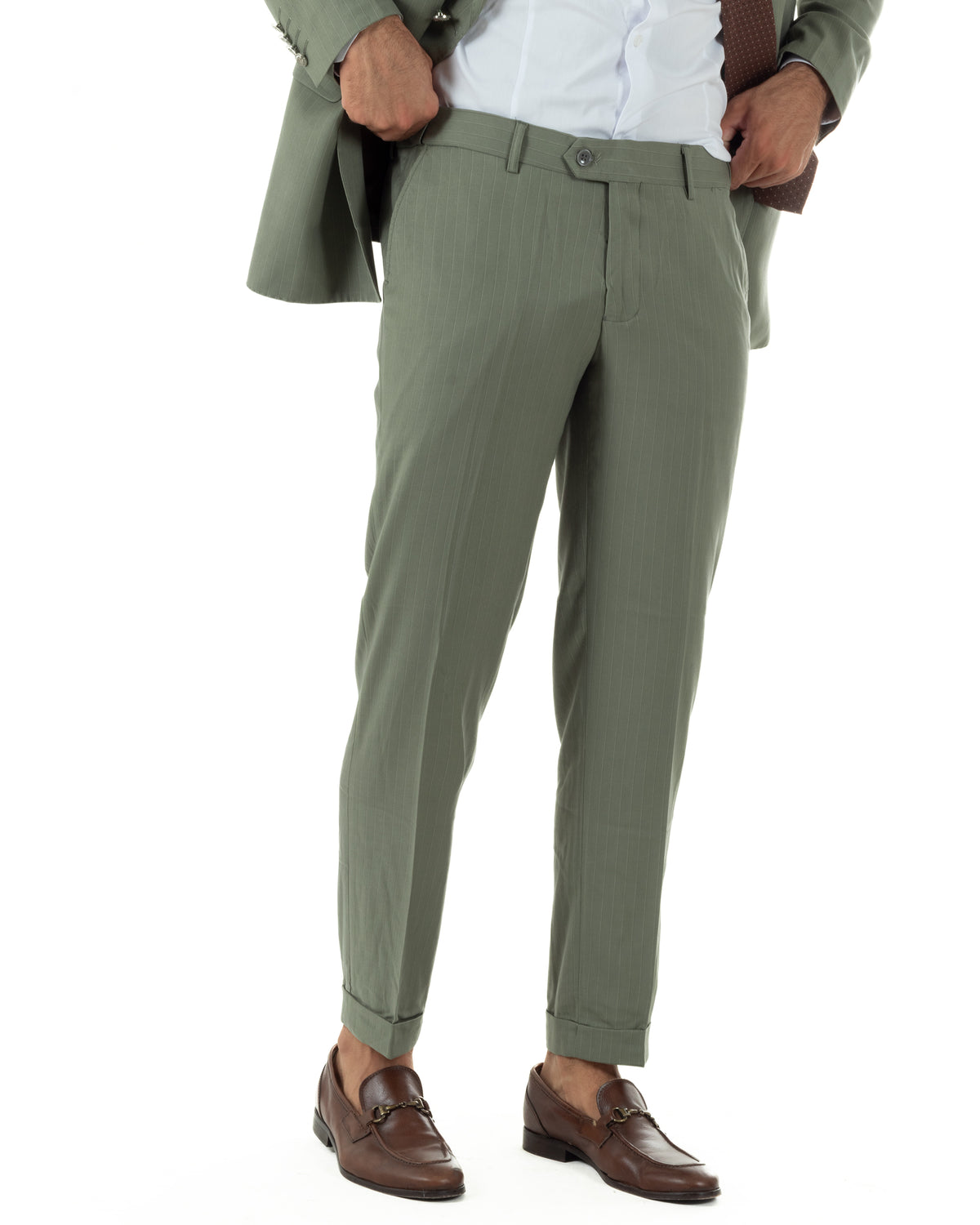 Abito uomo doppiopetto vestito completo rigato giacca pantaloni bottoni metallo fantasia gessata verde salvia GIOSAL-AE1284A