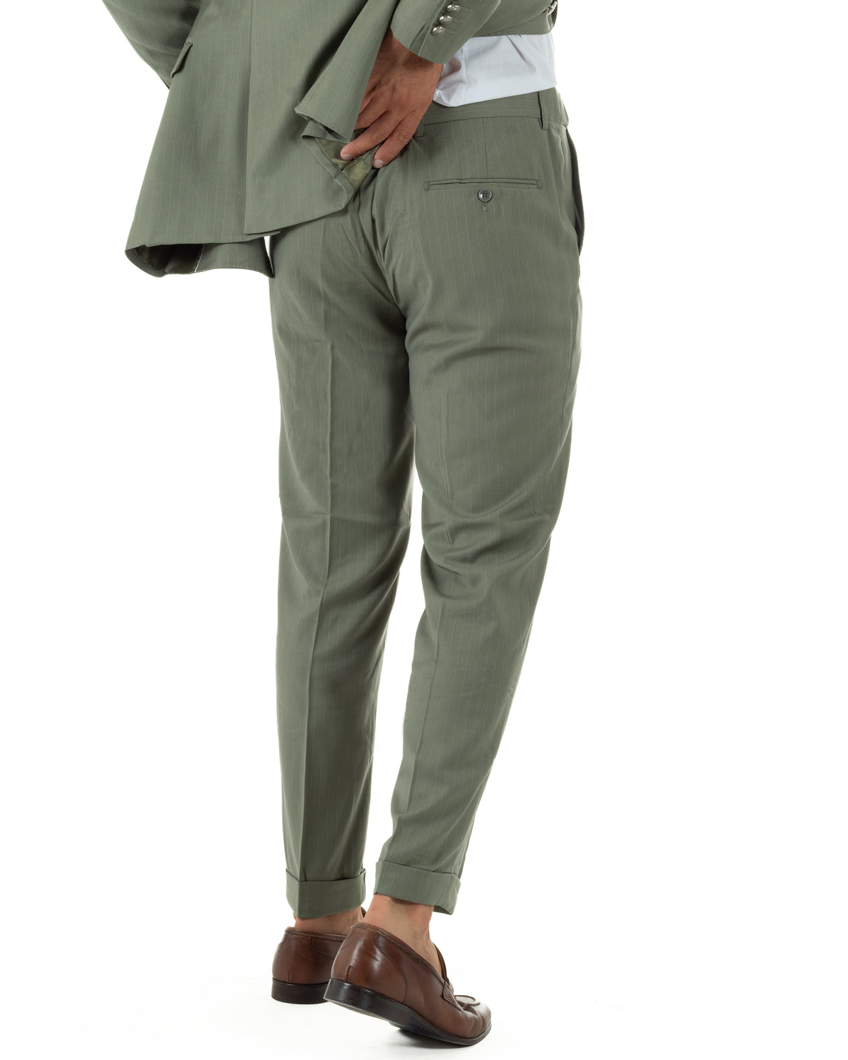 Abito uomo doppiopetto vestito completo rigato giacca pantaloni bottoni metallo fantasia gessata verde salvia GIOSAL-AE1284A