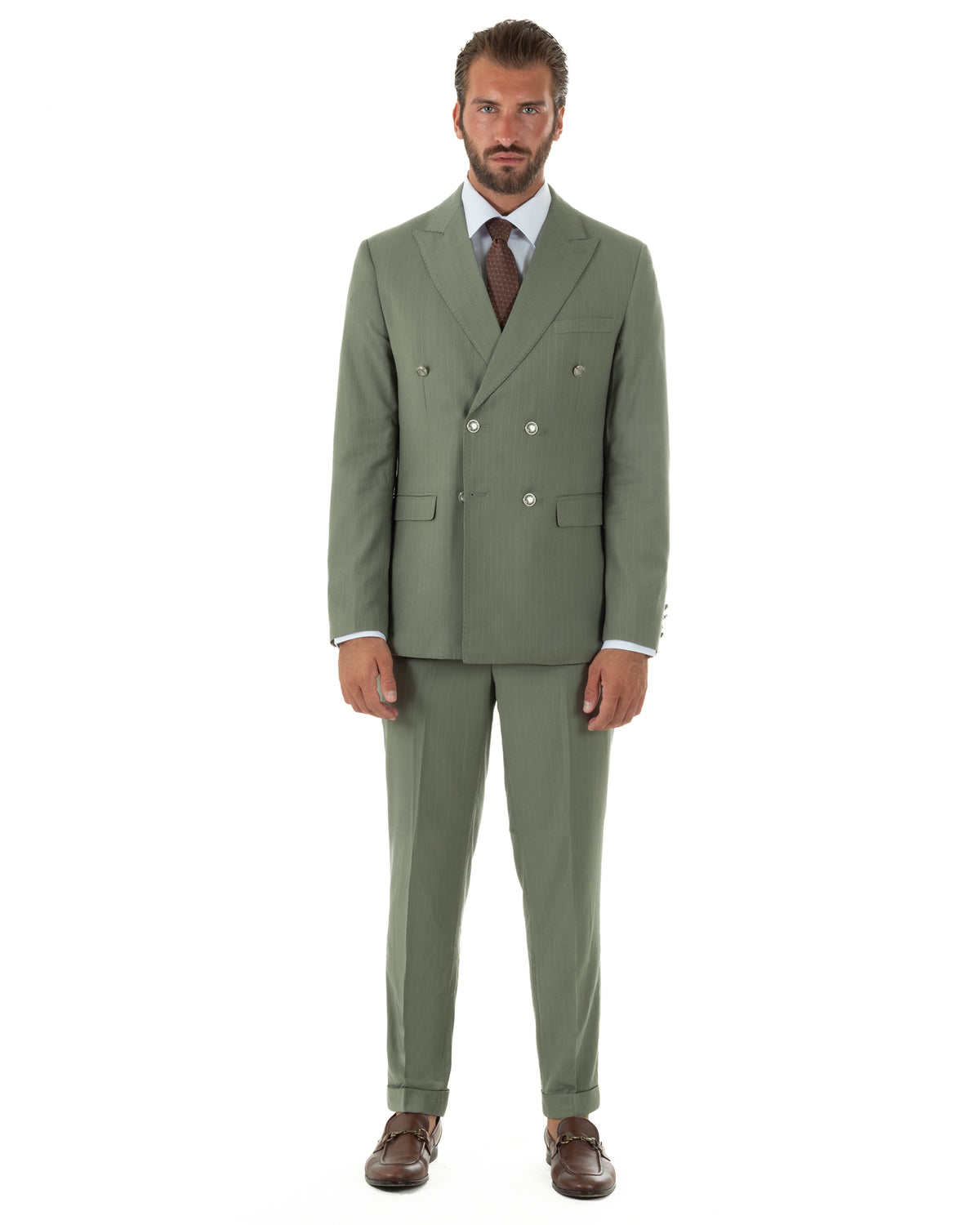 Abito uomo doppiopetto vestito completo rigato giacca pantaloni bottoni metallo fantasia gessata verde salvia GIOSAL-AE1284A