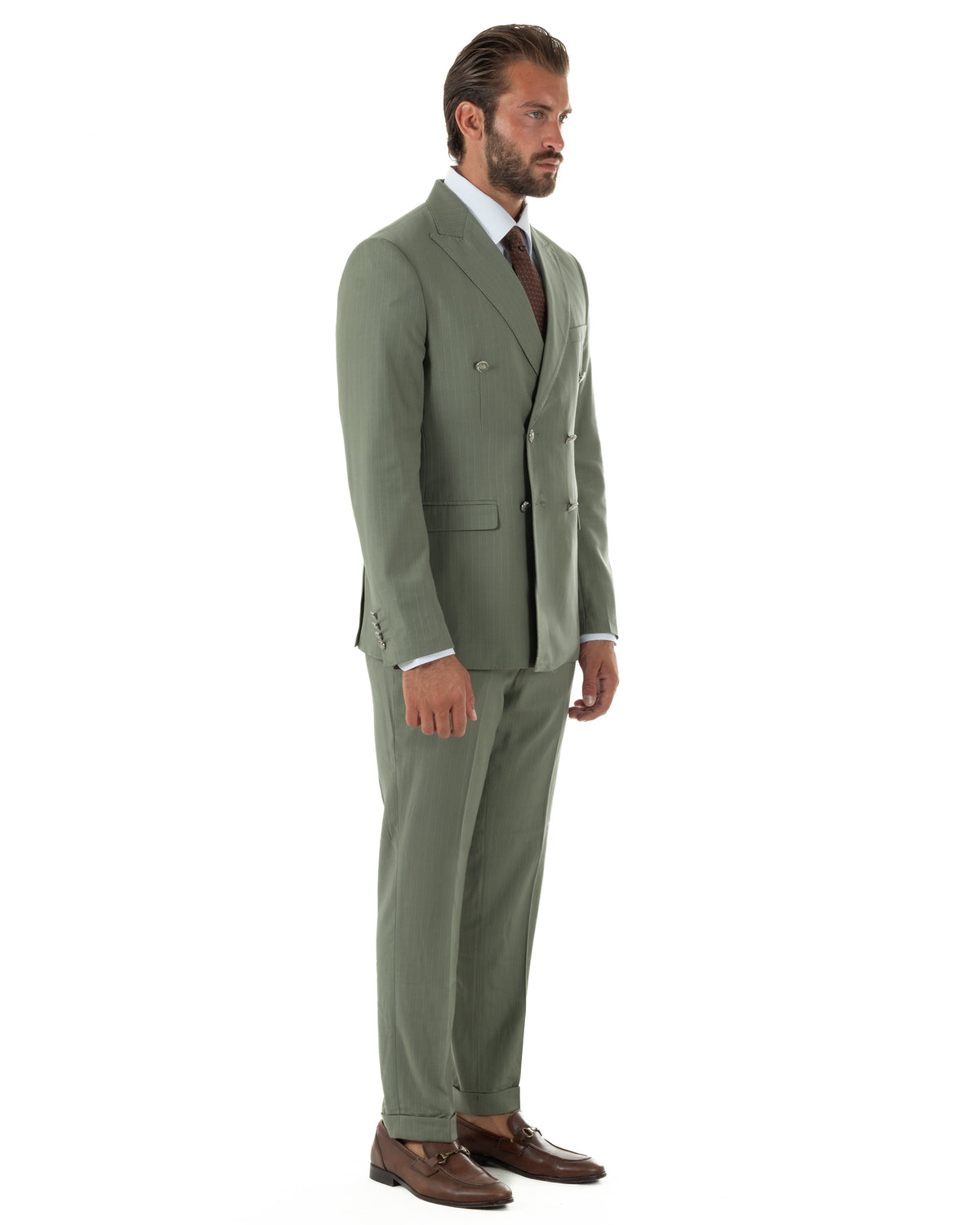 Abito uomo doppiopetto vestito completo rigato giacca pantaloni bottoni metallo fantasia gessata verde salvia GIOSAL-AE1284A