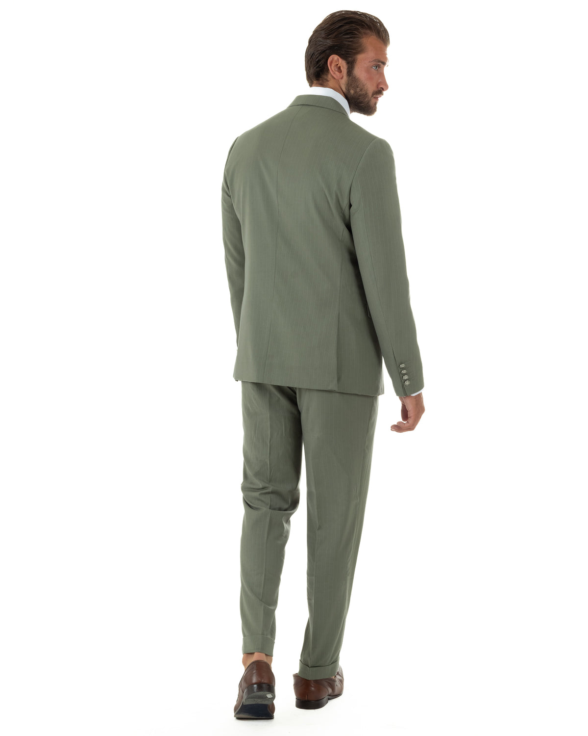 Abito uomo doppiopetto vestito completo rigato giacca pantaloni bottoni metallo fantasia gessata verde salvia GIOSAL-AE1284A