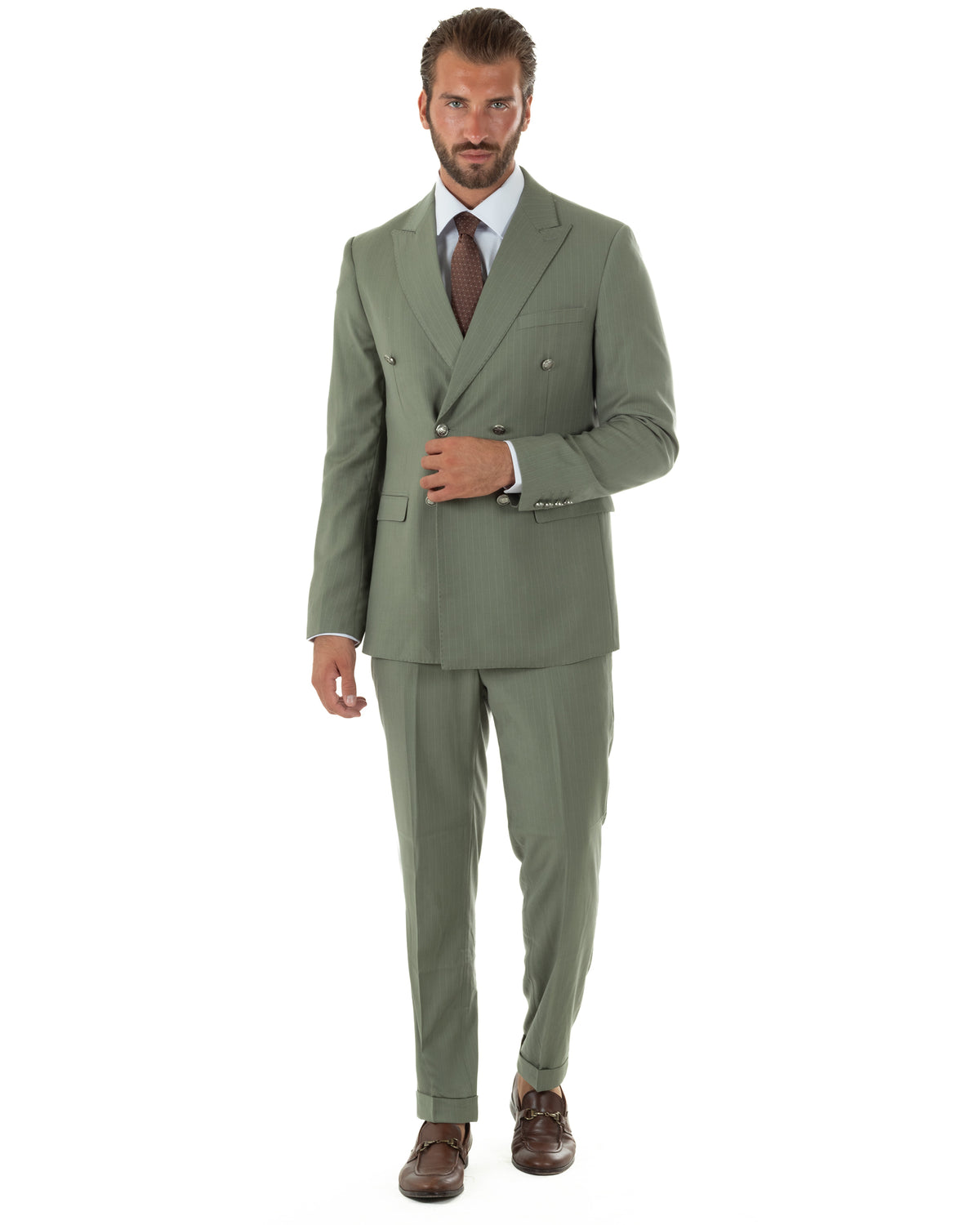 Abito uomo doppiopetto vestito completo rigato giacca pantaloni bottoni metallo fantasia gessata verde salvia GIOSAL-AE1284A