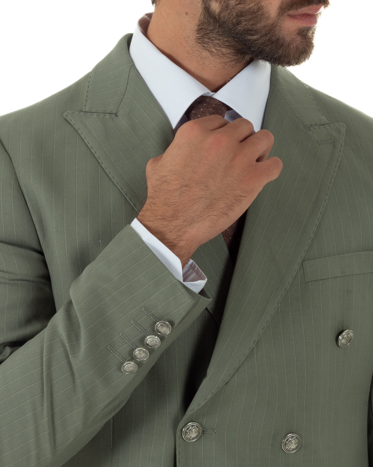 Abito uomo doppiopetto vestito completo rigato giacca pantaloni bottoni metallo fantasia gessata verde salvia GIOSAL-AE1284A
